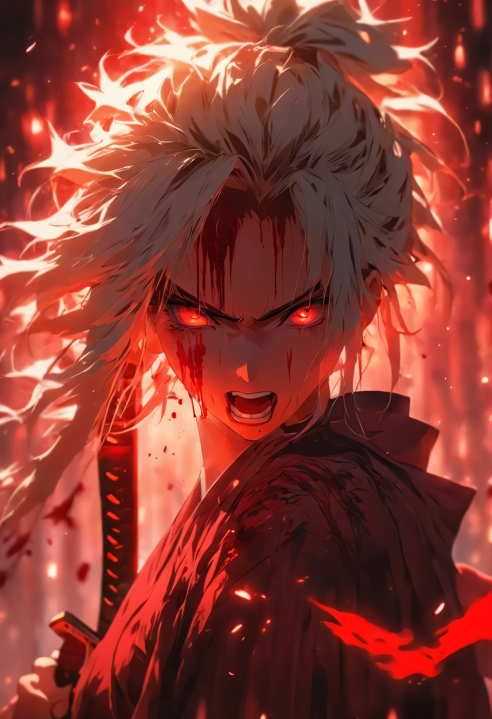 A crying beautiful girl with a sadistic psychopathic face,Holding a katana sword,white hair, covered in blood Smart lighting, aesthetic, cinematic 