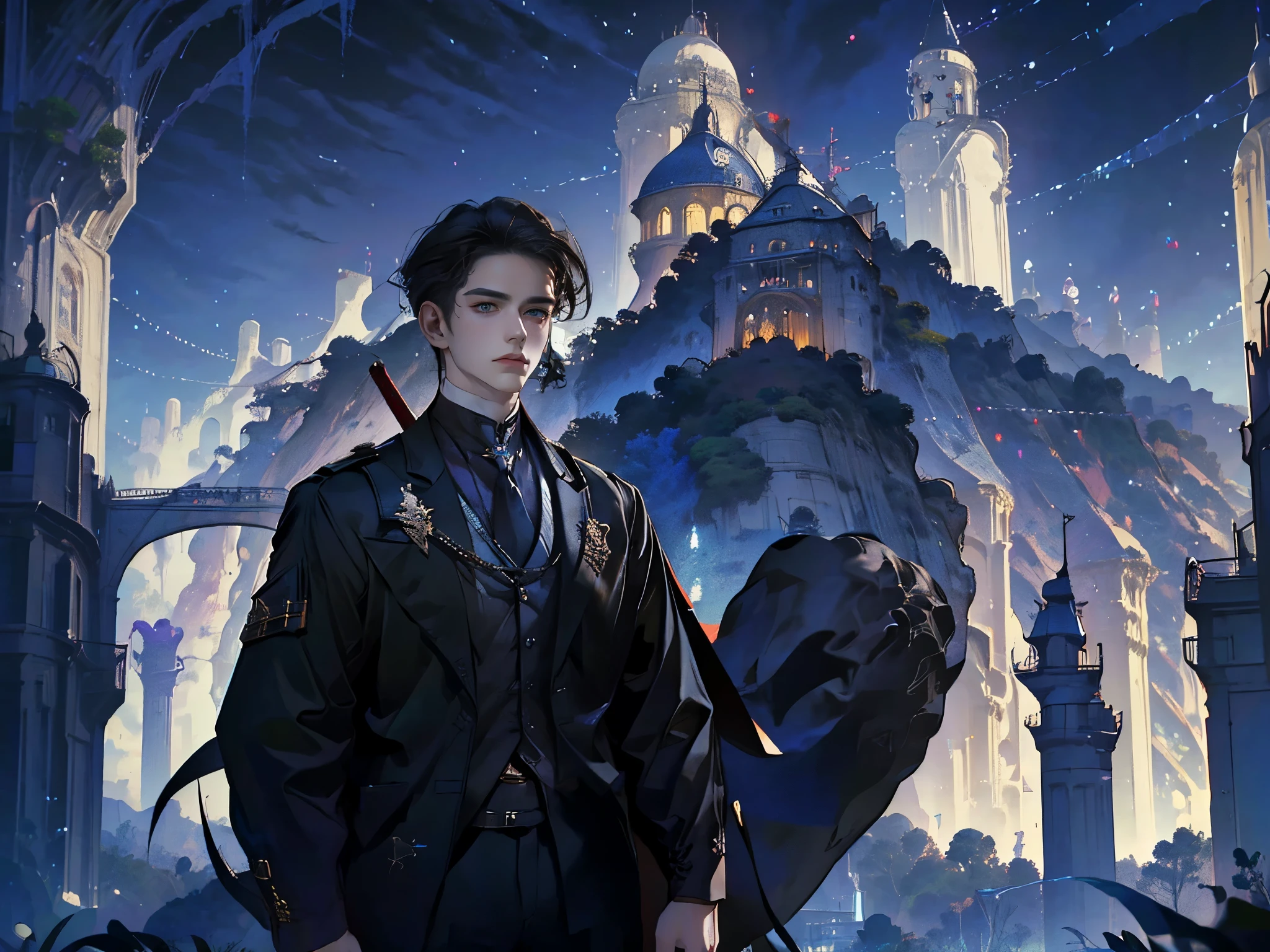 a close up of a person standing in front of a city, concept art inspired by Raphael Lacoste, Artstation contest winner, fantasy art, medieval fantasy game art, artwork in the style of guweiz, detailed game art illustration, medieval concept art, detailed digital 2d fantasy art, 2. 5 d cgi anime fantasy artwork, roleplaying game art