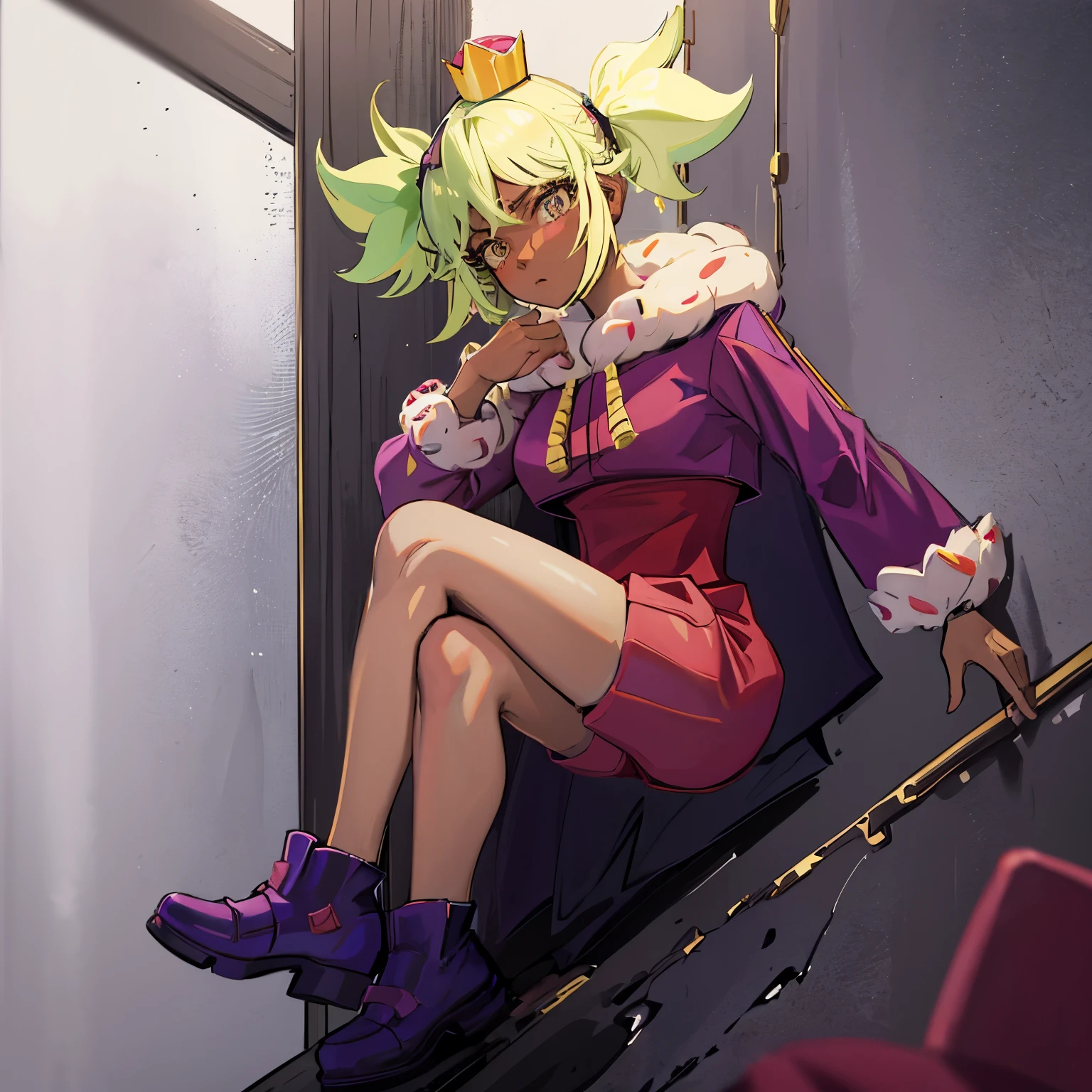 mandyBS, solo, 1girl, dark skin, dark-skinned female, green hair, blonde hair, short hair, short twintails, mini crown, cape, jumpsuit, long sleeves, high-waist shorts, red shorts, striped thighhighs, shoes, purple footwear,only one