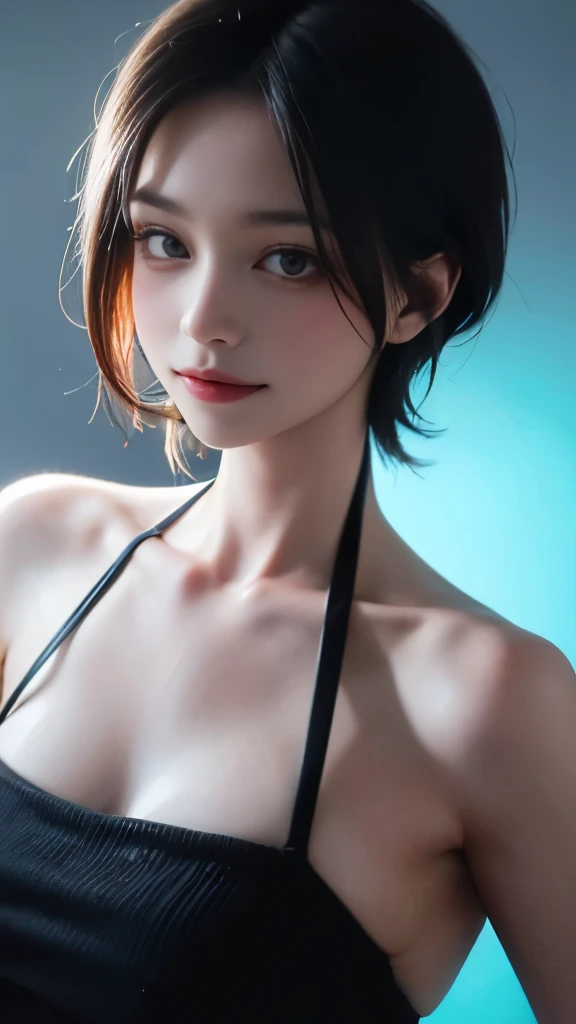 (masterpiece, highest quality, highest quality, Official Art, beautifully、aesthetic:1.2), Cinema Lighting、(Key light at 45 degrees from the front,Orange Fill Light、Soft Blue Backlight、Strong Shadows、Blue and orange color palette), Accurate human body、Someone knowledgeable、Correct five-finger、4K - ultra-vivid、highest quality, masterpiece, Ultra-high resolution, Detailed Background、The perfect background、(Little devil smile、Mesgaquismiles:1.5),
((Oily skin,Glowing Skin、Realistic skin texture、Beautiful skin in every detail、Shiny skin、Slimy skin、Glowing Skin、Shiny skin)), White skin, Real human skin, (Familiar), Oval Face, pore, Ultra-high resolution, (8k, RAW Photos, Realistic: 1.4), One Girl, slim, (kind, Goddess-like eyes) happiness: 1.2), (Lip gloss, eyelash, Gloss Face, highest quality, Ultra-high resolution, Wide Lighting, Natural Shading)、(sexy), Absolute area、long beautiful thin legs、Short length、(恍惚のsexyな笑顔の表情:0.8,) 、(Random Background:1.5, Random time period:1.5, Random Environment), Alluring、Provocative Pose、Seductive pose