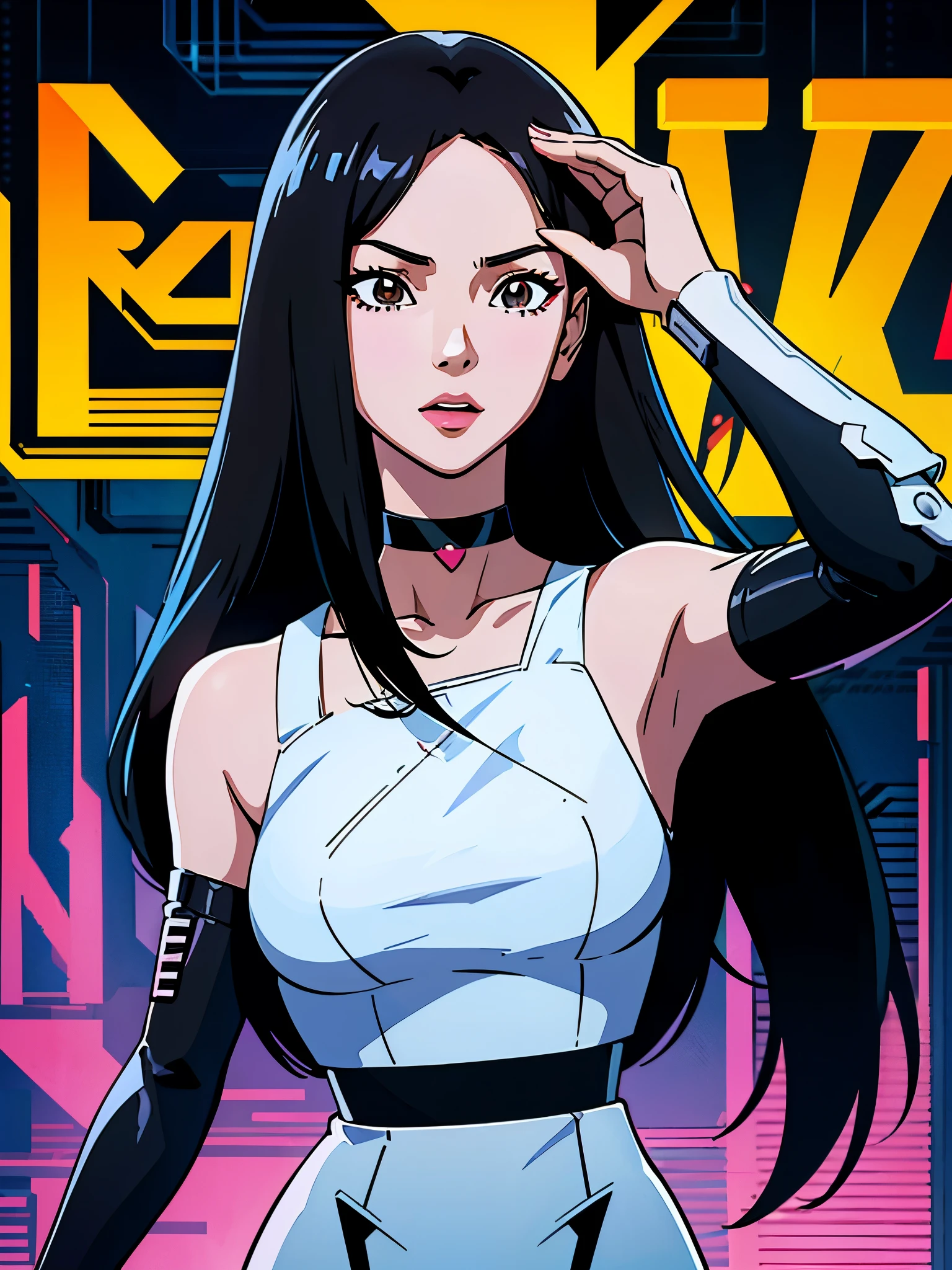 digital art drawing, illustration of (karina from k-pop group aespa, girl, long black hair middle part, brown eyes, wearing a black choker on her neck, metal robotic arms, cyberpunk 2077), anime drawing/art, bold linework, illustration, digital art, masterpiece, flat illustration, no shadows, 8k resolution, high detail, vector art, only anime, perfect eyes, perfect hands, sharpness, high clarity
