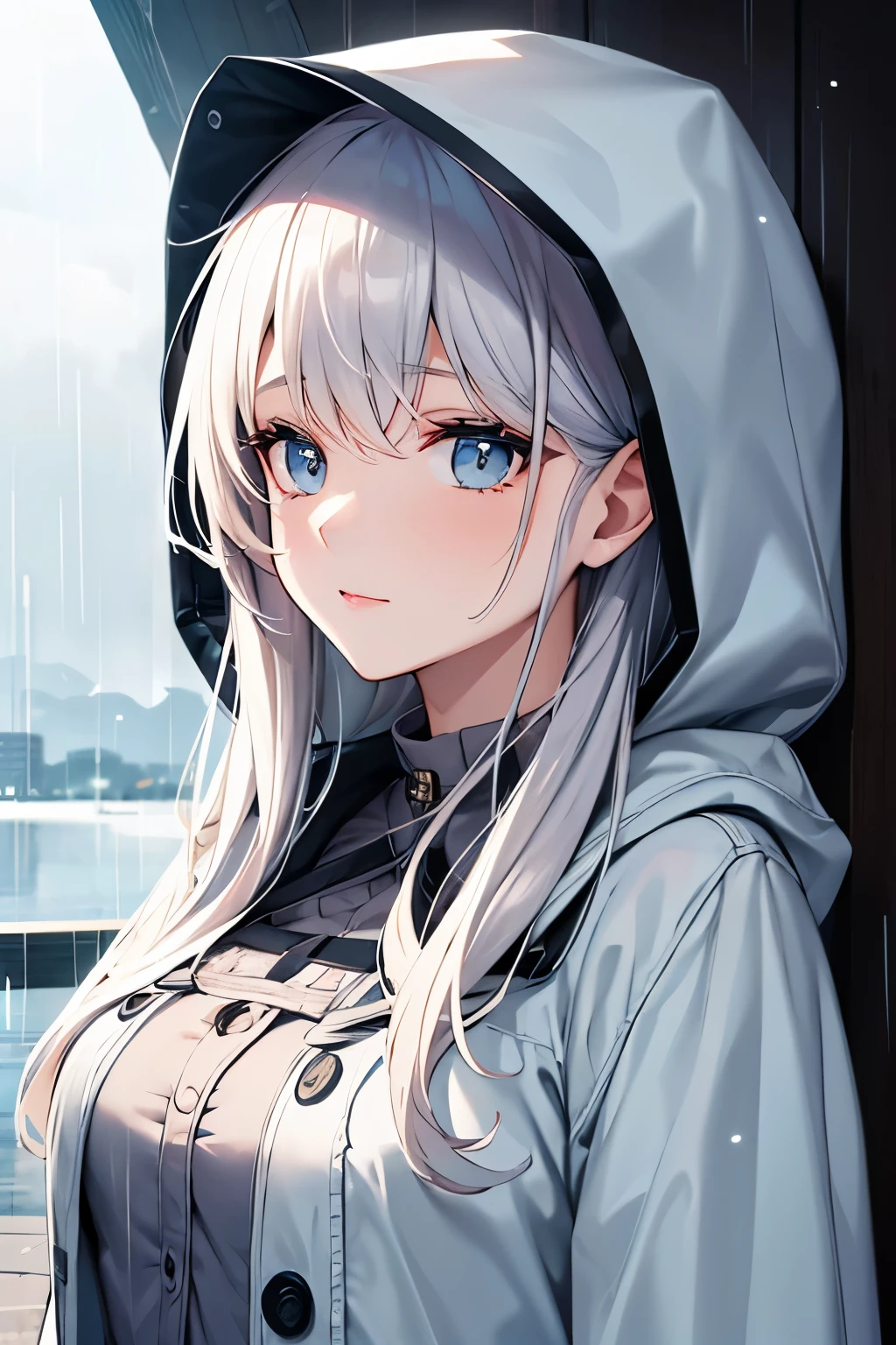 Beautiful girl, cute face, cloudy sky, raining, hood, coat,
