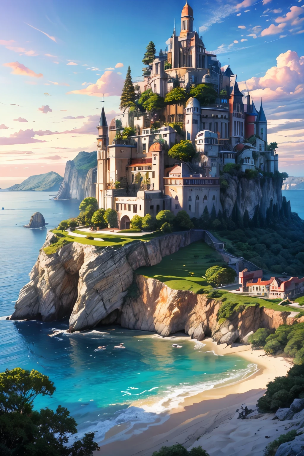 (masterpiece, top quality, best quality. official art, beautiful and aesthetic:1.2). Stunning matte painting portraying the ancient mountain island ,lush forest ,ancient wonder, sea,cliff, terraced landscapes, exotic flora, ornate architecture, opulent, vibrant colors, babbling brooks, romantic, fantasy paradise, sunset glow, intricate detailing, mythical realm, digital masterpiece, 14K resolution,
