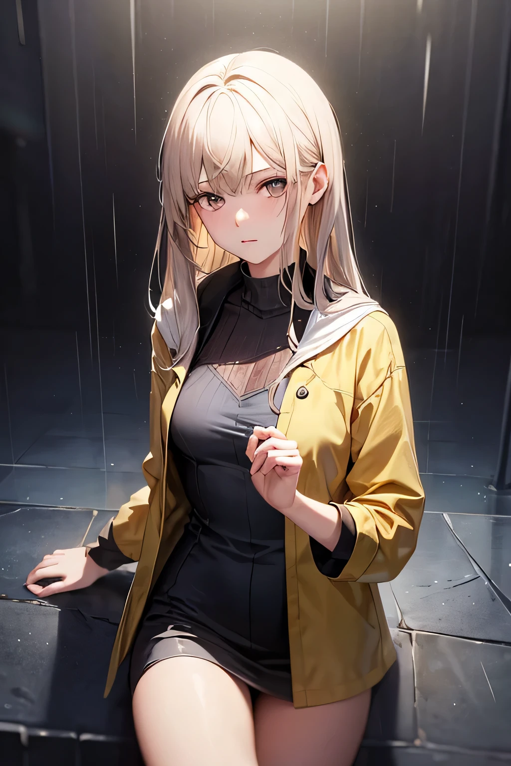 Generate an artisvic vision of watercolor portrait of a beautiful girl in a yellow raincoat,20yo,walking in a dark raining street.fullbody.graffiti style.(Rough strokes).Mystical.Mysterious.Ethereal.Dim lights in the street.Dark and Hazy background.puddles.rain.fog. spotlight on her face.low key.(chiaroscuro lighting),blurry backdrop.BREAK rule of thirds,depth of perspective,perfect composition,impressionism,clear facial features,perfect hands,aesthetic minimalism,painterly,by Karol Bak,Alessandro Pautasso and Hayao Miyazaki, real_booster, art_booster