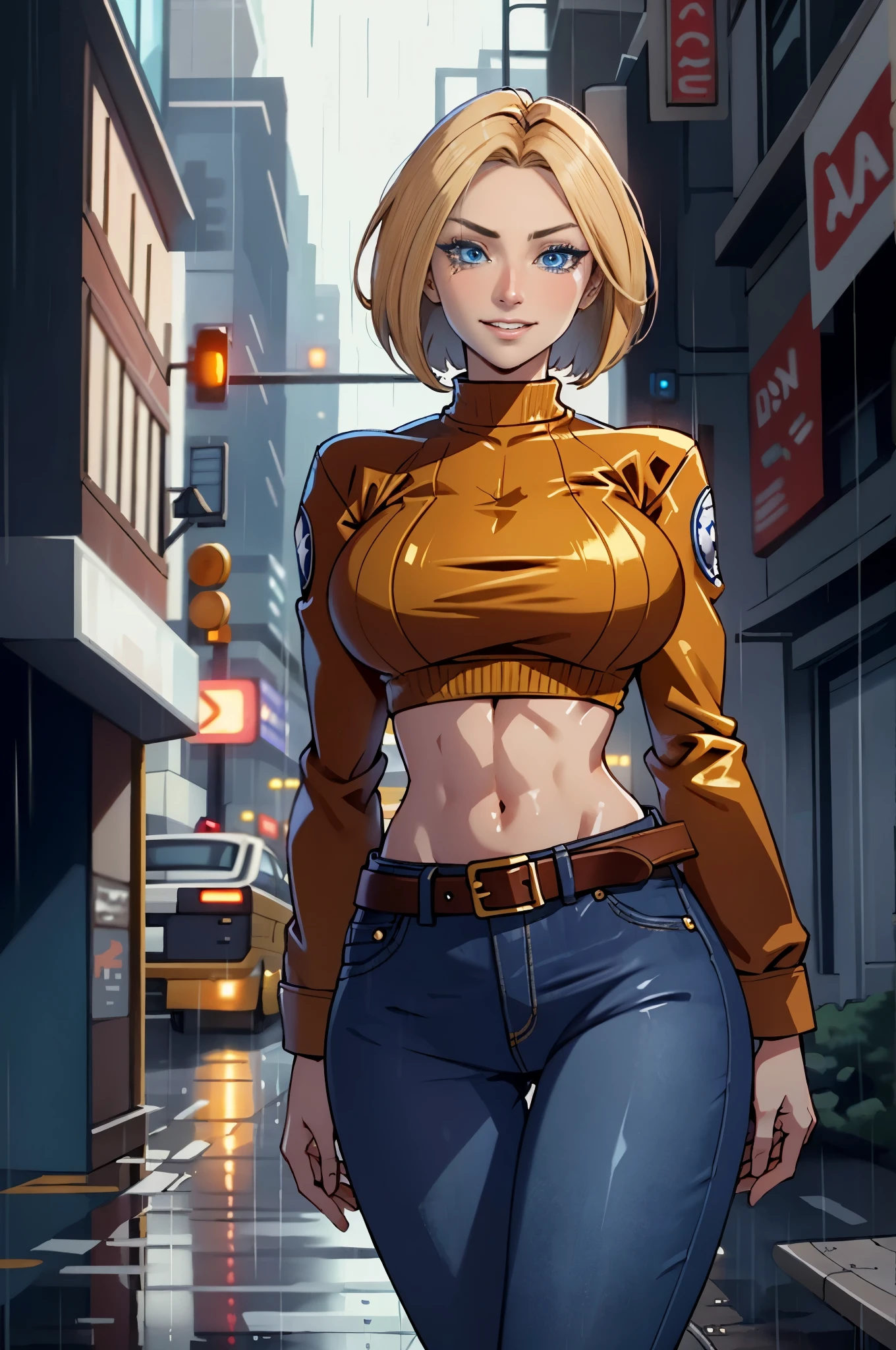 maryms, Best Quality,(beauty), 1girl,phisically-based render ,ultra highres,(cowboy shot:1.5),narrow waist, skinny, LeonaMS , big blue eyes,long legs,jeans,leather belt,big breasts,puffy eyes, leather belt,(rainy city), shiny skin, facing viewer, excited to fight