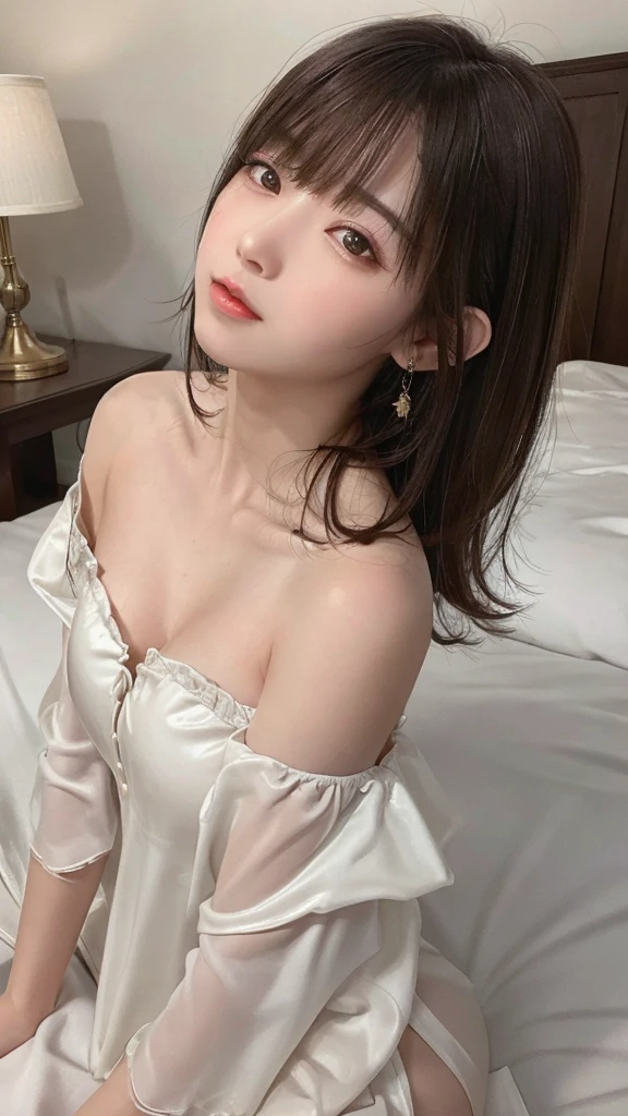 Super detailed、Particles of light:0.5、Off the shoulder、Beautiful valley、Sleep on your back in bed、Beautiful brown eyes、Half-open mouth、Natural Texture、Dripping cloudy saliva、Realistic Skin
