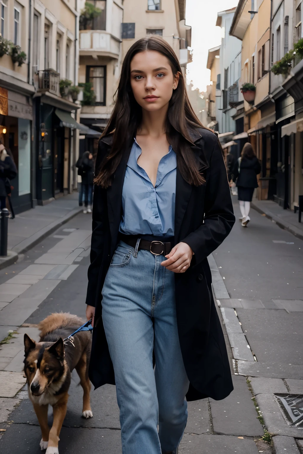1 girl, long dark hair, European, pierced ears, expressive blue eyes, walking with a dog