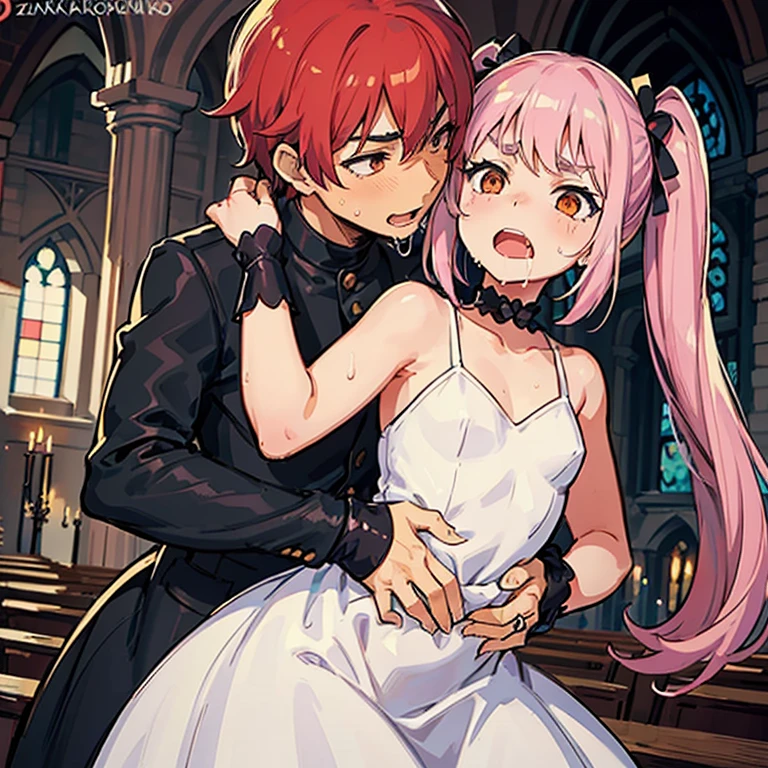 Girl with pink hair, long twin-tail hairstyle, (small bushy pink eyebrows), dressed in gothic lolita clothing, lolicon (Zankuro) drawing style by zankuro artist, Zancro style, image uploaded to R34, in a church full of people, flirtatious smile, suddenly having sex in public, ((squinted eyes, red cheeks and drooling)) hands on belly, screaming for help, wearing a wedding dress