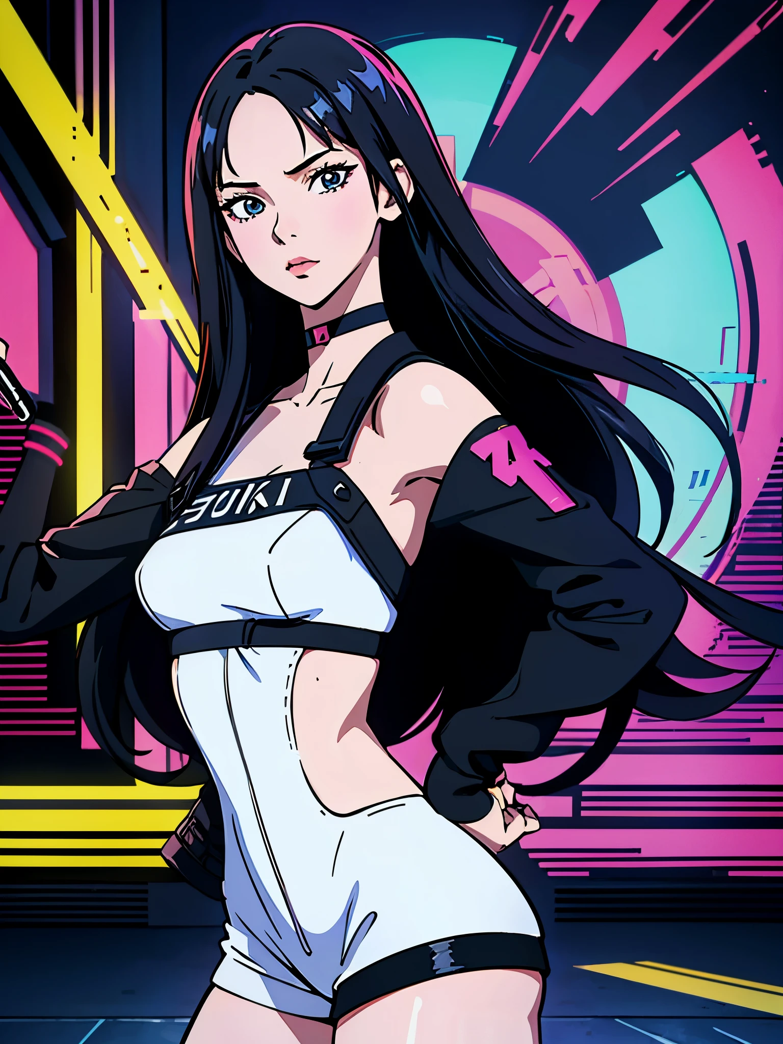 digital art drawing, illustration of (karina from k-pop group aespa, girl, long black hair middle part, brown eyes, wearing a black choker on her neck, cyberpunk 2077), anime drawing/art, bold linework, illustration, digital art, masterpiece, flat illustration, no shadows, 8k resolution, high detail, vector art, only anime, perfect eyes, perfect hands, sharpness, high clarity
