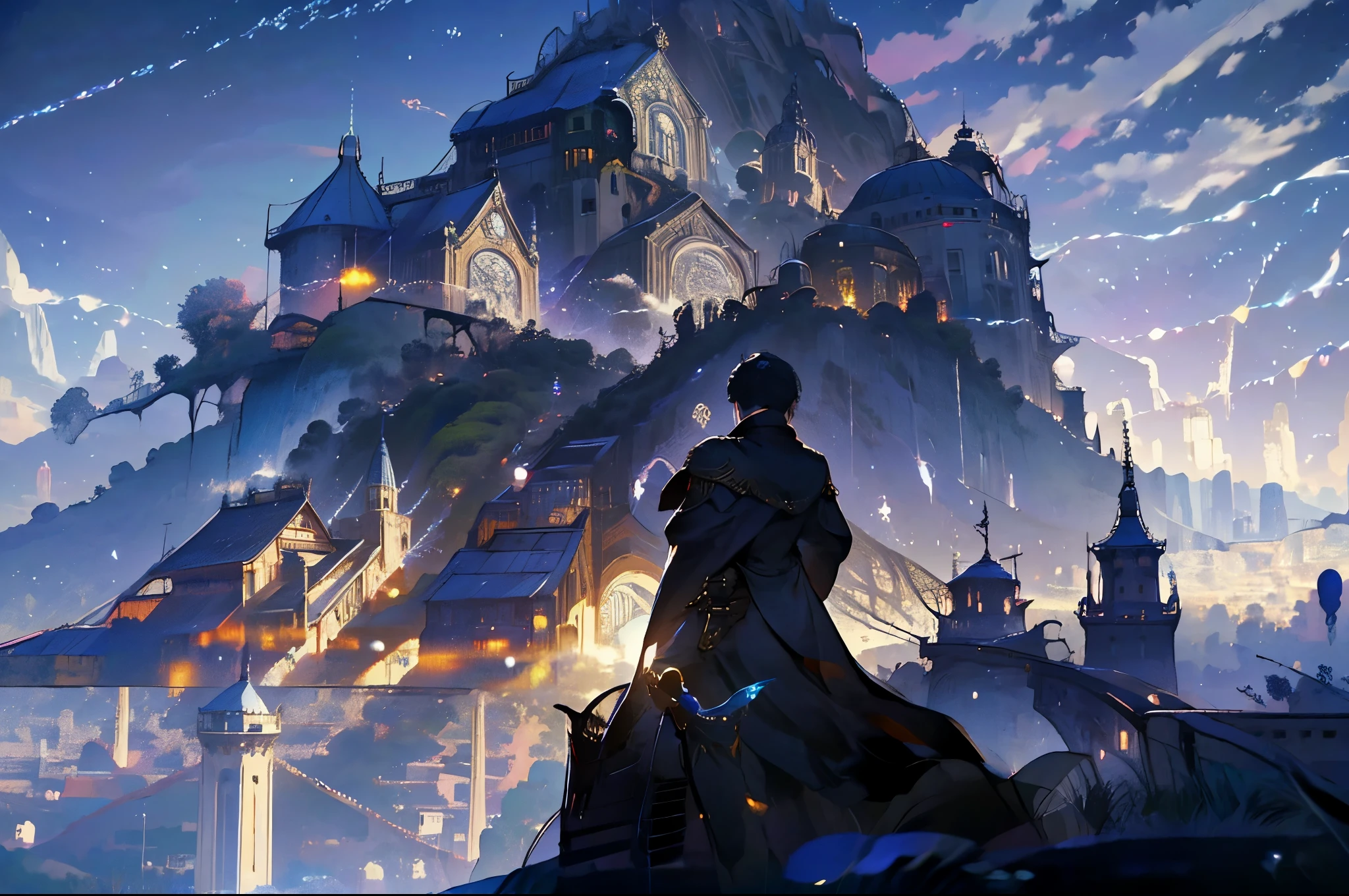 a close up of a person standing in front of a city, concept art inspired by Raphael Lacoste, Artstation contest winner, fantasy art, medieval fantasy game art, artwork in the style of guweiz, detailed game art illustration, medieval concept art, detailed digital 2d fantasy art, 2. 5 d cgi anime fantasy artwork, roleplaying game art