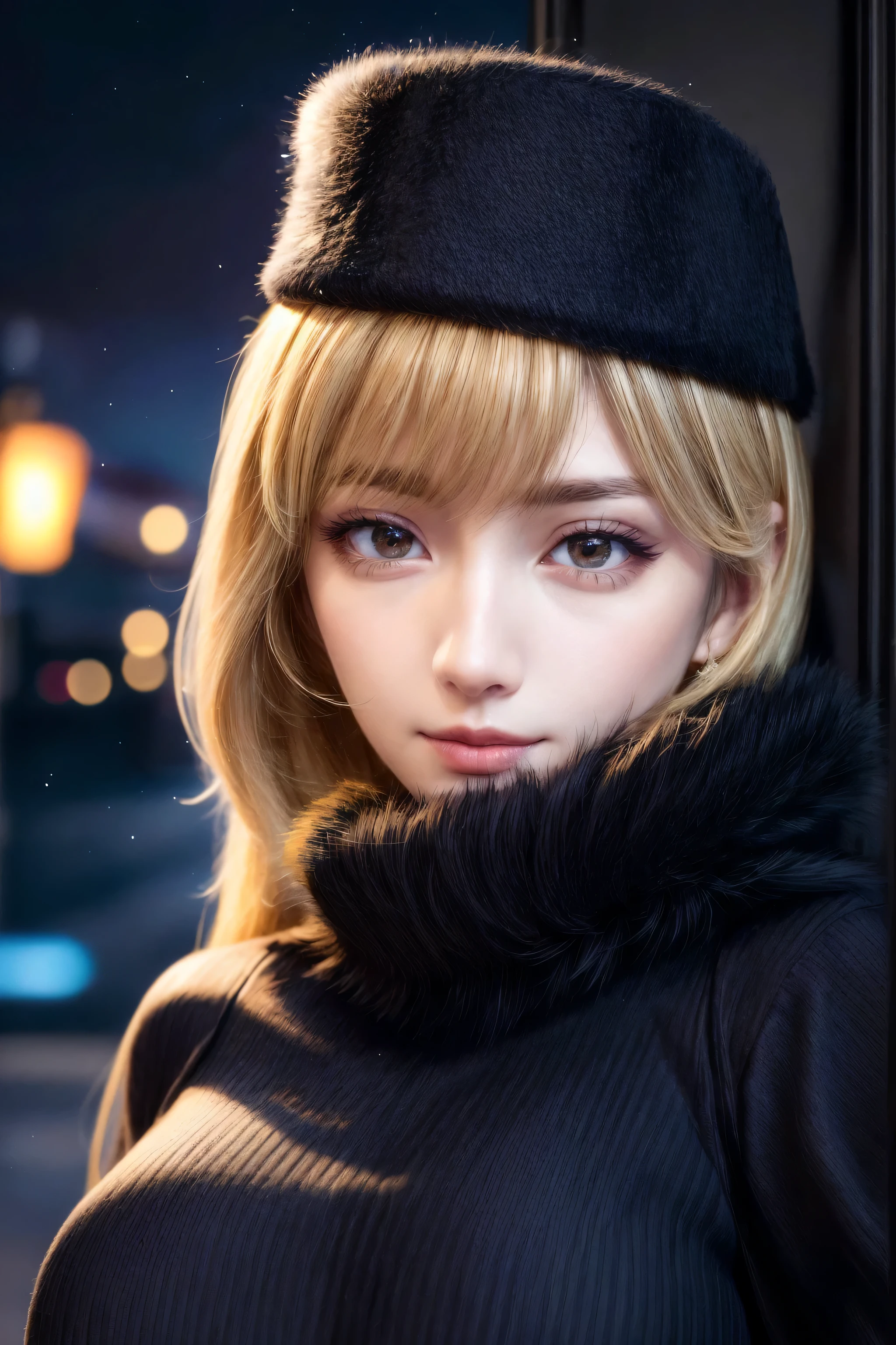 Material, Long Hair, Blonde,Fur trim, Black Hat, Fur has, dress,(Cowboy Shot:1.1), Yellow Eyes, (luggage:1.1), vapor (station:1.1),station platform,  night, Milky Way,999 highest quality, Very detailed, masterpiece, Absurd,8k,   (Fine grain, Deep Eyes),photoRealistic, Realistic,Detailed skin texture, Detailed pupil,High resolution,
1 Female,(Happy:1.1),smile, (angular face:1.2),Shining Face,big breasts, (Tight waist:1.1), Lip Makeup,Long eyelashes