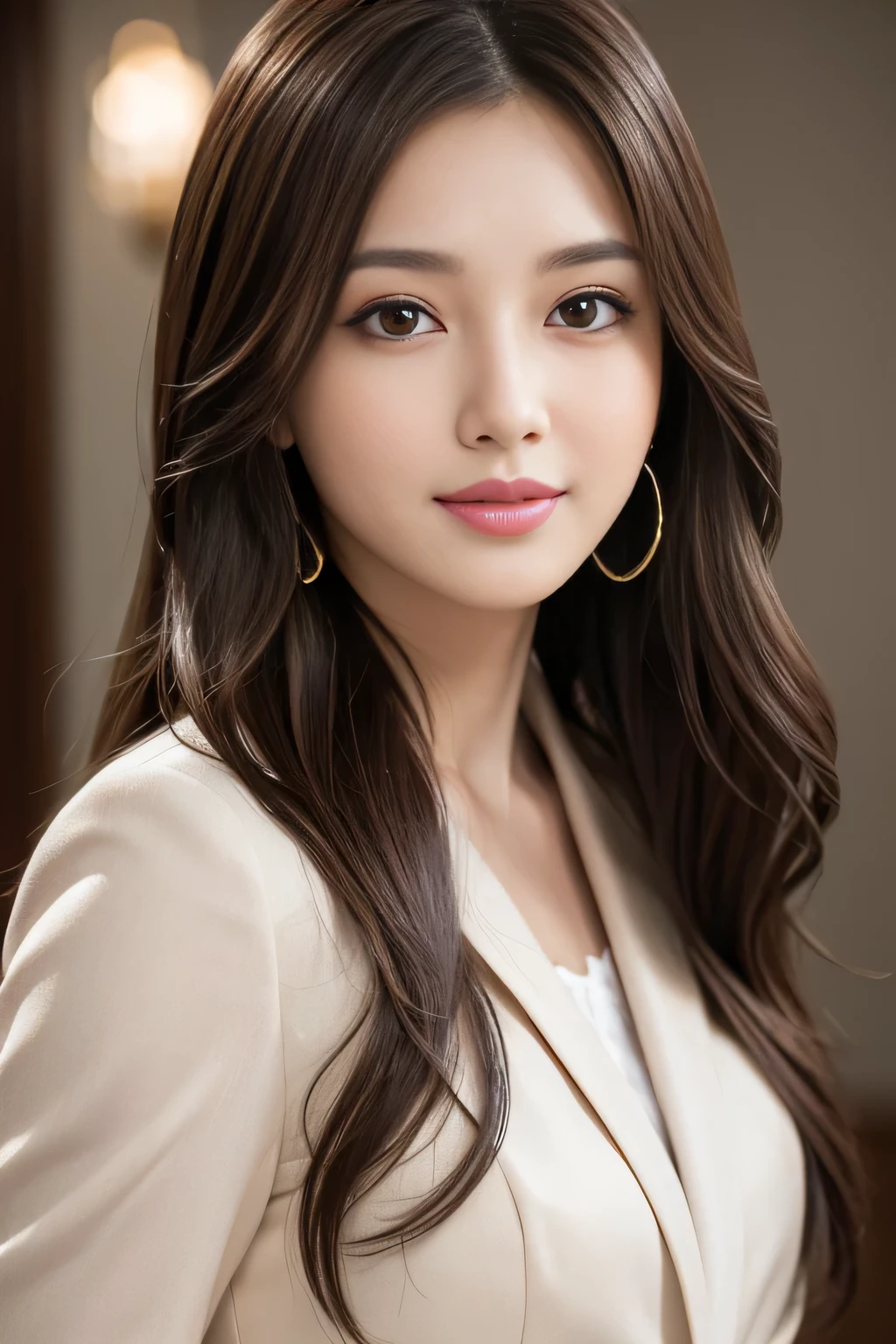 (Raw photo), (Photorealistic), (masterpiece), (highest quality), High resolution, 8k resolution, (Intricate details), (Volumetric Light), Portrait, woman, Age 25,Light brown long hair, layered hair, Brown haired, Highly detailed eyes, Source Order, Very fine eyebrows, Highly detailed skin, Highly detailed mouth, Highly detailed nose, Cute like an idol, Smile, ((Thick lips)), ((Look at the viewers)), (Classy Suit)