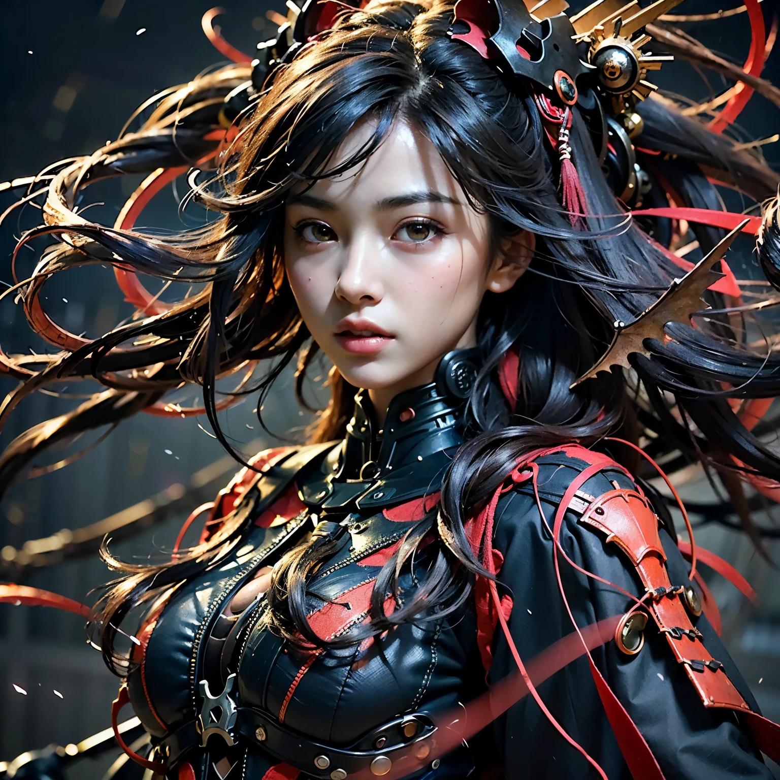 (masterpiece, best quality:1.2), (8k uhd, 16k, 32k, ultra high res), (photorealistic:1.37), (RAW photo), ultimate-realistic, ultimate-realistic details, ultimate-realistic texture, ultimate-intricate details, ultimate-realistic lighting, ultimate-realistic shadow, japanese girl, ultimate-cute face, ultimate-RAW skin, ultimate-realistic eyes, Beautiful Japanese girl with beautiful eyes and lips on upper body, spider body on lower body, bat wings, partly mechanical elements, s old, vivid colors, detailed depiction of girl's hair blowing in the wind, realistic textures on the spider body, mechanical partssurrealistic lighting, eerie atmosphere, dark and mysterious background
