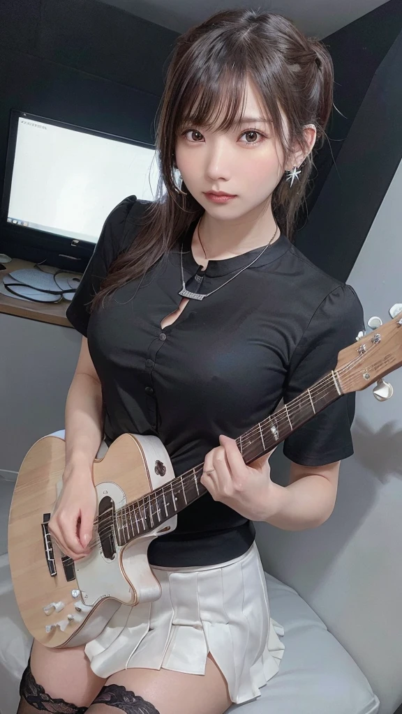 (highest quality, masterpiece: 1.2), Ultra-high resolution, Realistic, complete lighting, Intricate details, Exquisite detail and texture, 1 Girl, guitarist playing guitar, The guitar is a blue metal electric guitar that mixes blue and white., passionately play the electric guitar, he is a very famous guitarist, he is quite popular, he has many fans, The venue lights illuminate the characters and guitars beautifully., alone, (young), Facial highlights, Upper Body, Detailed face, punctum, White skin, Silver Hair, ponytail, Braid, Viewer, Big eyes, Earrings, Normal , Slender body, Professional Lighting, Photon Mapping, Radio City, Physically Based Rendering, Wearing a black shirt, Cute black shirt with a tight figure, wearing a dressed shirt over a top, Wearing a tanned pleated skirt, A long-sleeved black shirt、Folded to reveal cuffs, expression is singing, wrinkles form between the eyebrows, she is wearing a pretty silver necklace, she is wearing a silver jewelry bracelet, she wears a round watch on her wrist, her skirt is almost black, She has a cute teddy bear hanging from her waist, Her hand is only 5 out, The venue is an idol venue, Her shirt has a shield-shaped mark on one chest., she wears black knee stockings, and、It is the background of the stadium venue.