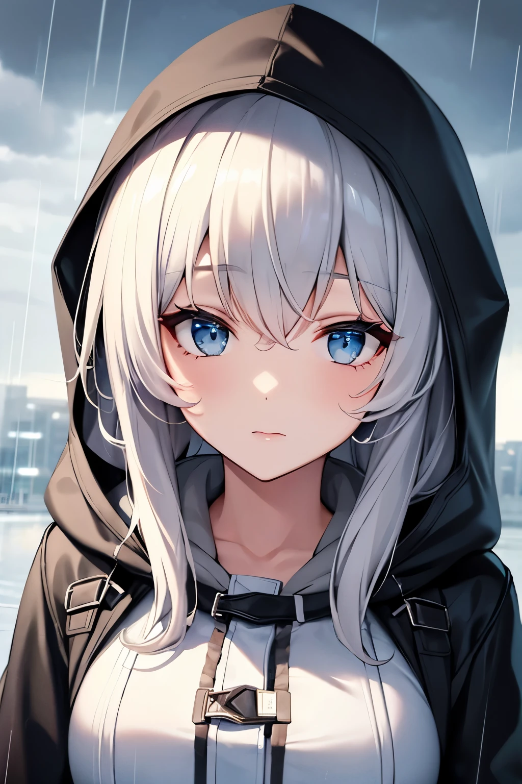 Beautiful girl, cute face, cloudy sky, raining, hood, coat,