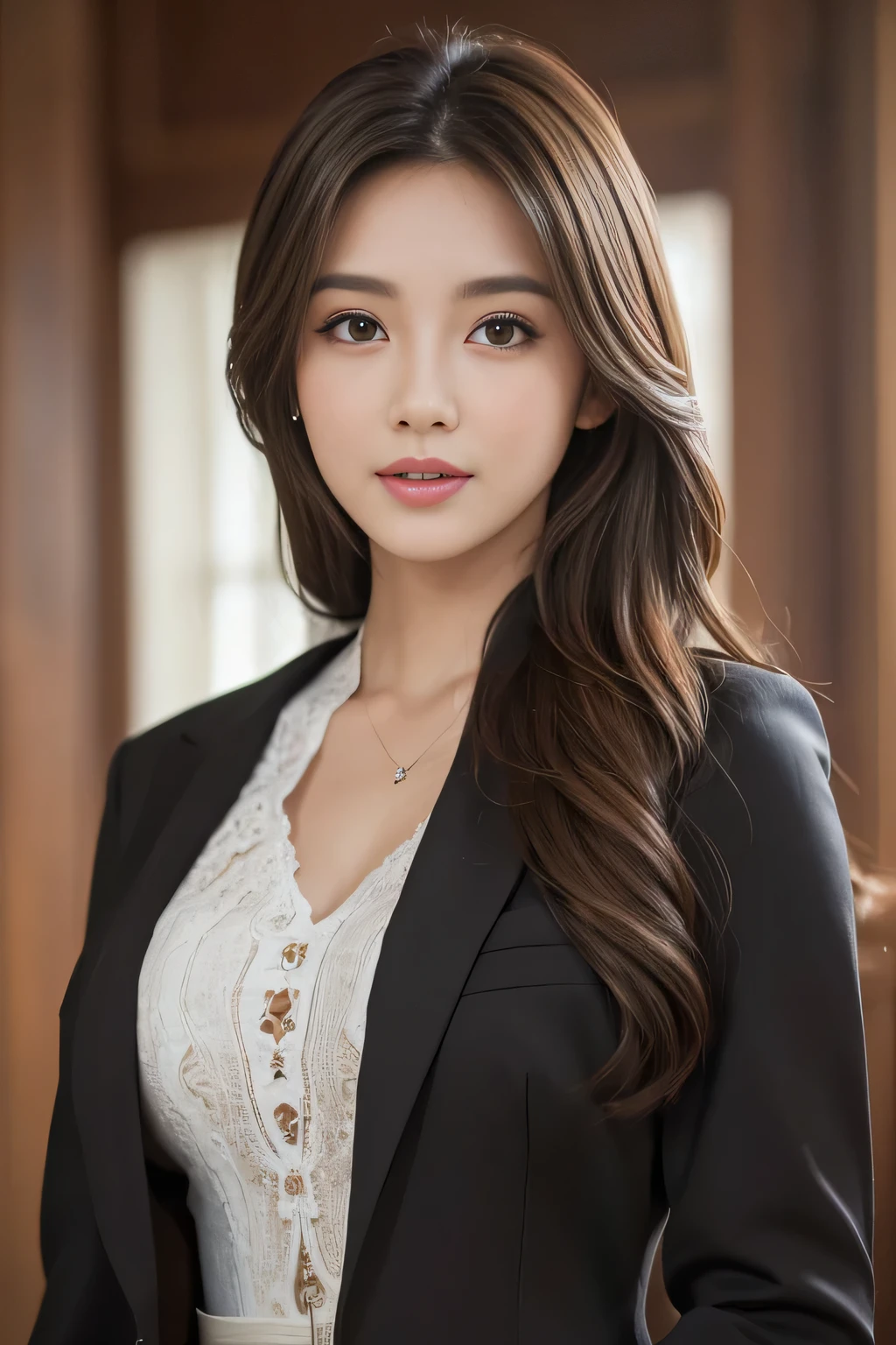 (Raw photo), (Photorealistic), (masterpiece), (highest quality), High resolution, 8k resolution, (Intricate details), (Volumetric Light), Portrait, woman, Age 25,Light brown long hair, layered hair, Brown haired, Highly detailed eyes, Source Order, Very fine eyebrows, Highly detailed skin, Highly detailed mouth, Highly detailed nose, Cute like an idol, Smile, ((Thick lips)), ((Look at the viewers)), (Classy Suit)