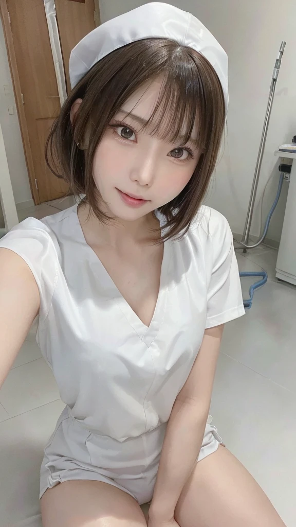 (8K High Resolution), (highest quality), (RAW quality), (reality), (reality的な:1.37), Big 目,Long eyelashes,Exquisite,The ultimate face,reality的な光と影,Distinct facial features,Milky skin, Highly detailed skin,reality的な skin details,Visible pores,（Very detailed）,(short hair),Best portraits,((Photo taken from a distance, from the front)), There&#39;s only one girl, Cute type,fine and beautiful 目, Beautifully detailed nose, Highly detailed skin) ,(Beautiful face with double eyelids), (realism: 1.4),Excellent details, Ultra-high resolution,,,Delicate and beautiful face,21 years old,(Beautiful Face 1.4),(Photographed in a hospital operating room),(Wearing a nurse uniform, she makes eye contact with the audience.),Wearing a nurse uniform,(The hospital is white.),Very beautiful legs,((Crouching in front of the viewer)),squat with your legs slightly open,the hospital floor is white,Crouching in front of the viewer,((Crouching in front of the viewer)), ((21 years oldの女の子, slim, Thin waist, Thin thighs, Thin arms, smile)), Look Up, (View from above:1.2), Semen On , Penis Facial, how, throw, (Sticking out tongue, Open your mouth), 