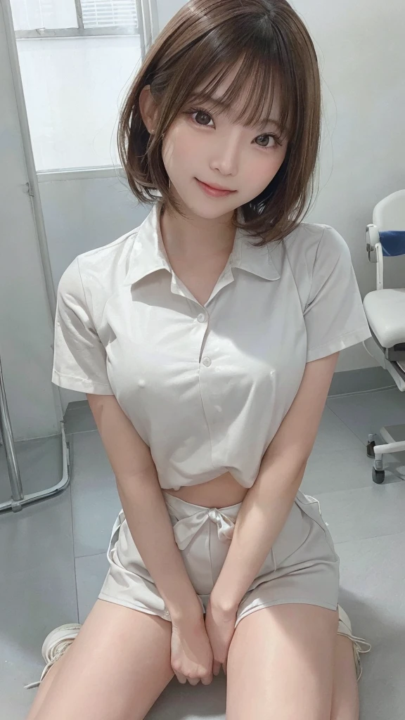 (8K High Resolution), (highest quality), (RAW quality), (reality), (reality的な:1.37), Big 目,Long eyelashes,Exquisite,The ultimate face,reality的な光と影,Distinct facial features,Milky skin, Highly detailed skin,reality的な skin details,Visible pores,(Very detailed),(short hair),Best portraits,((Photo taken from a distance, from the front)), There's only one girl, Cute type,fine and beautiful 目, Beautifully detailed nose, Highly detailed skin) ,(Beautiful face with double eyelids), (realism: 1.4),Excellent details, Ultra-high resolution,,,Delicate and beautiful face,21 years old,(Beautiful Face 1.4),(Photographed in a hospital operating room),(Wearing a nurse uniform, she makes eye contact with the audience.),Wearing a nurse uniform,(The hospital is white.),Very beautiful legs,((Crouching in front of the viewer)),squat with your legs slightly open,the hospital floor is white,Crouching in front of the viewer,((Crouching in front of the viewer)), ((21 years oldの女の子, slim, Thin waist, Thin thighs, Thin arms, smile)), Look Up, (View from above:1.2), Semen On , Penis Facial, how, throw, (Sticking out tongue, Open your mouth),