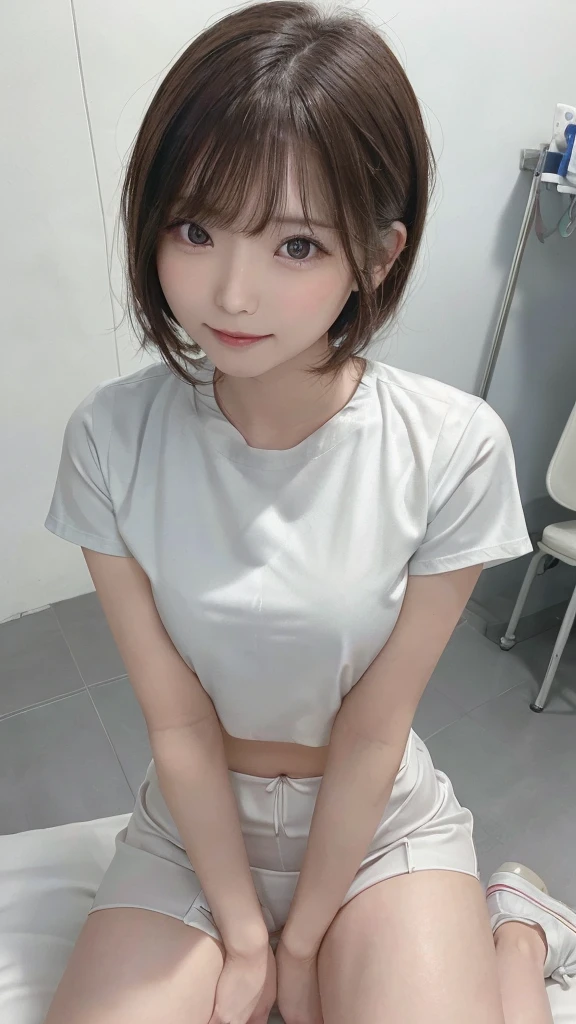 (8K High Resolution), (highest quality), (RAW quality), (reality), (reality的な:1.37), Big 目,Long eyelashes,Exquisite,The ultimate face,reality的な光と影,Distinct facial features,Milky skin, Highly detailed skin,reality的な skin details,Visible pores,(Very detailed),(short hair),Best portraits,((Photo taken from a distance, from the front)), There's only one girl, Cute type,fine and beautiful 目, Beautifully detailed nose, Highly detailed skin) ,(Beautiful face with double eyelids), (realism: 1.4),Excellent details, Ultra-high resolution,,,Delicate and beautiful face,21 years old,(Beautiful Face 1.4),(Photographed in a hospital operating room),(Wearing a nurse uniform, she makes eye contact with the audience.),Wearing a nurse uniform,(The hospital is white.),Very beautiful legs,((Crouching in front of the viewer)),squat with your legs slightly open,the hospital floor is white,Crouching in front of the viewer,((Crouching in front of the viewer)), ((21 years oldの女の子, slim, Thin waist, Thin thighs, Thin arms, smile)), Look Up, (View from above:1.2), Semen On , Penis Facial, how, throw, (Sticking out tongue, Open your mouth),