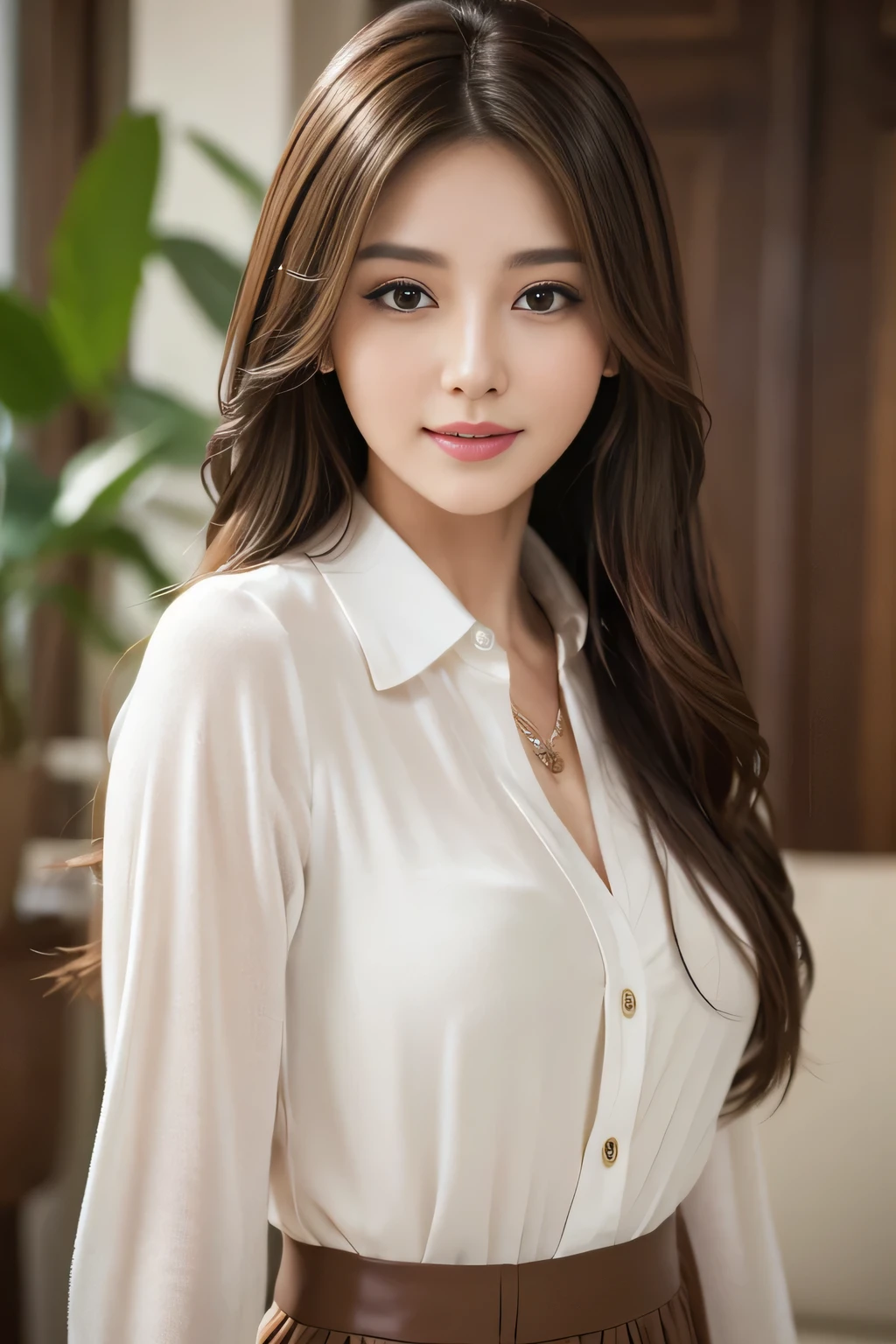 (Raw photo), (Photorealistic), (masterpiece), (highest quality), High resolution, 8k resolution, (Intricate details), (Volumetric Light), Portrait, woman, Age 25,Light brown long hair, layered hair, Brown haired, Highly detailed eyes, Source Order, Very fine eyebrows, Highly detailed skin, Highly detailed mouth, Highly detailed nose, Cute like an idol, Smile, ((Thick lips)), ((Look at the viewers)), (Classy Suit)