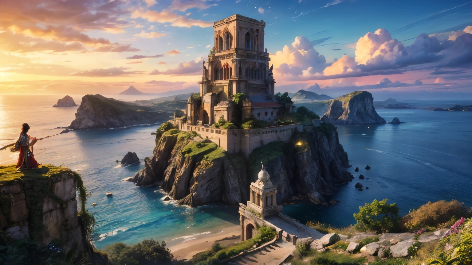 (masterpiece, top quality, best quality. official art, beautiful and aesthetic:1.2). Stunning matte painting portraying the ancient mountain island ,lush forest ,ancient wonder, sea,cliff, terraced landscapes, exotic flora, ornate architecture, opulent, vibrant colors, babbling brooks, romantic, fantasy paradise, sunset glow, intricate detailing, mythical realm, digital masterpiece, 14K resolution,