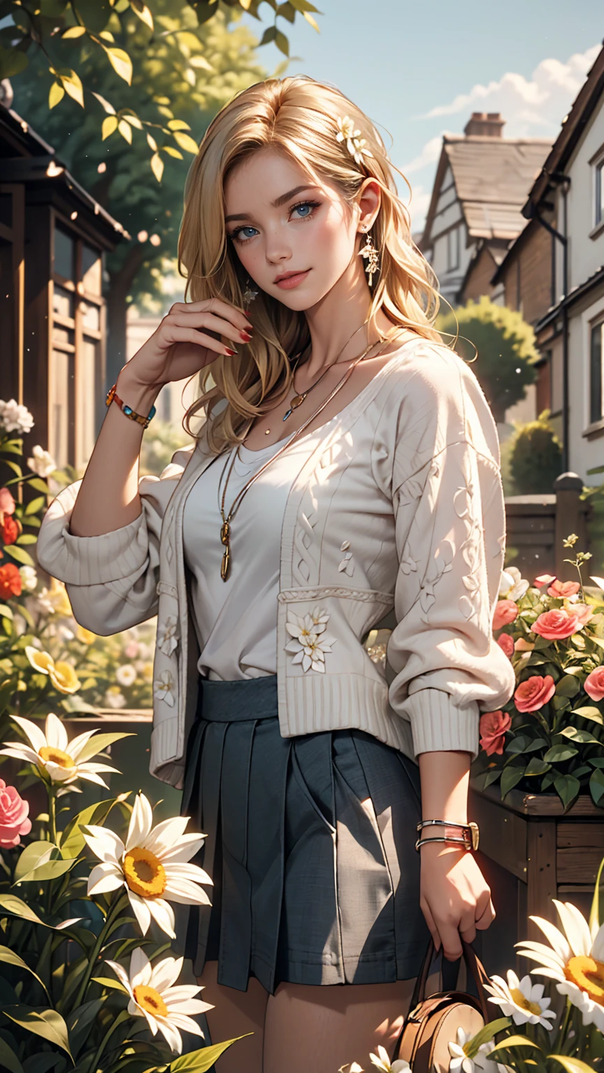 ((最high quality, 8K, masterpiece: 1.3, Ultra HD, high quality, 最high quality, High resolution, realism)) 、A 22-year-old extremely beautiful white woman、Her hair color is platinum blonde、blue eyeedium Hair、Straight Hair、The hair is shiny、The skin is lustrous、smile、slender、I want my head to stay off screen、Wearing accessories on the wrist、Wearing red nail polish、I have a peticure、British suburban buildings、There is an English garden、Many flowers bloom、The blue sky is beautiful、Summer sunshine、Wearing a blouse、put on a cardigan、Long length covers the ankles、Wear a pleated skirt、Drinking tea in a cup and saucer in the garden、Anatomically correct、((anatomically correct))、Ultra high definition((UHD))、Textured skin((textured skin))、Very detailed((super detail))、High detail((high details))、Hair Flower((hair flower))
