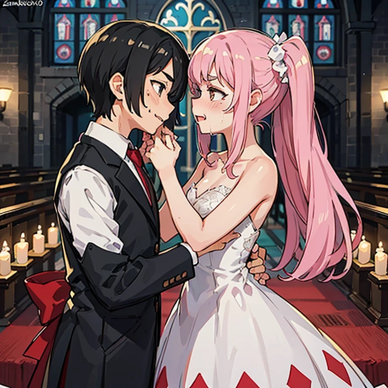 Girl with pink hair, long double-tailed hairstyle (small pink bushy eyebrows), dressed in gothic lolita clothes, lolicon (Zankuro) drawing style by zankuro artist, Zancro style, image uploaded to R34, (in a church full of people), flirtatious smile, suddenly having sex in public, ((squinted eyes, red cheeks and drooling)) hands on belly, forcing groom to have sex at the altar, wearing a wedding dress