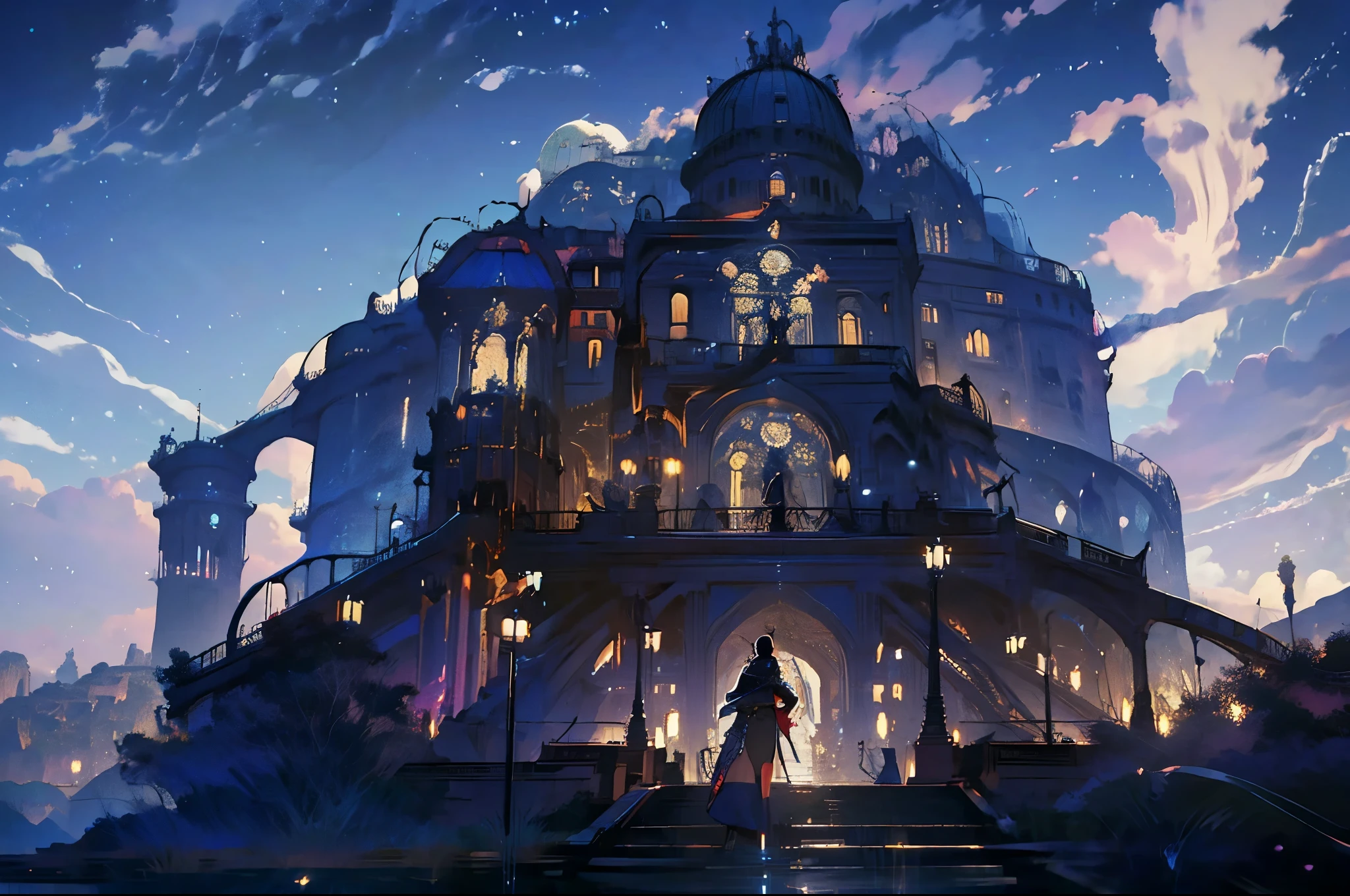 a close up of a person standing in front of a city, concept art inspired by Raphael Lacoste, Artstation contest winner, fantasy art, medieval fantasy game art, artwork in the style of guweiz, detailed game art illustration, medieval concept art, detailed digital 2d fantasy art, 2. 5 d cgi anime fantasy artwork, roleplaying game art