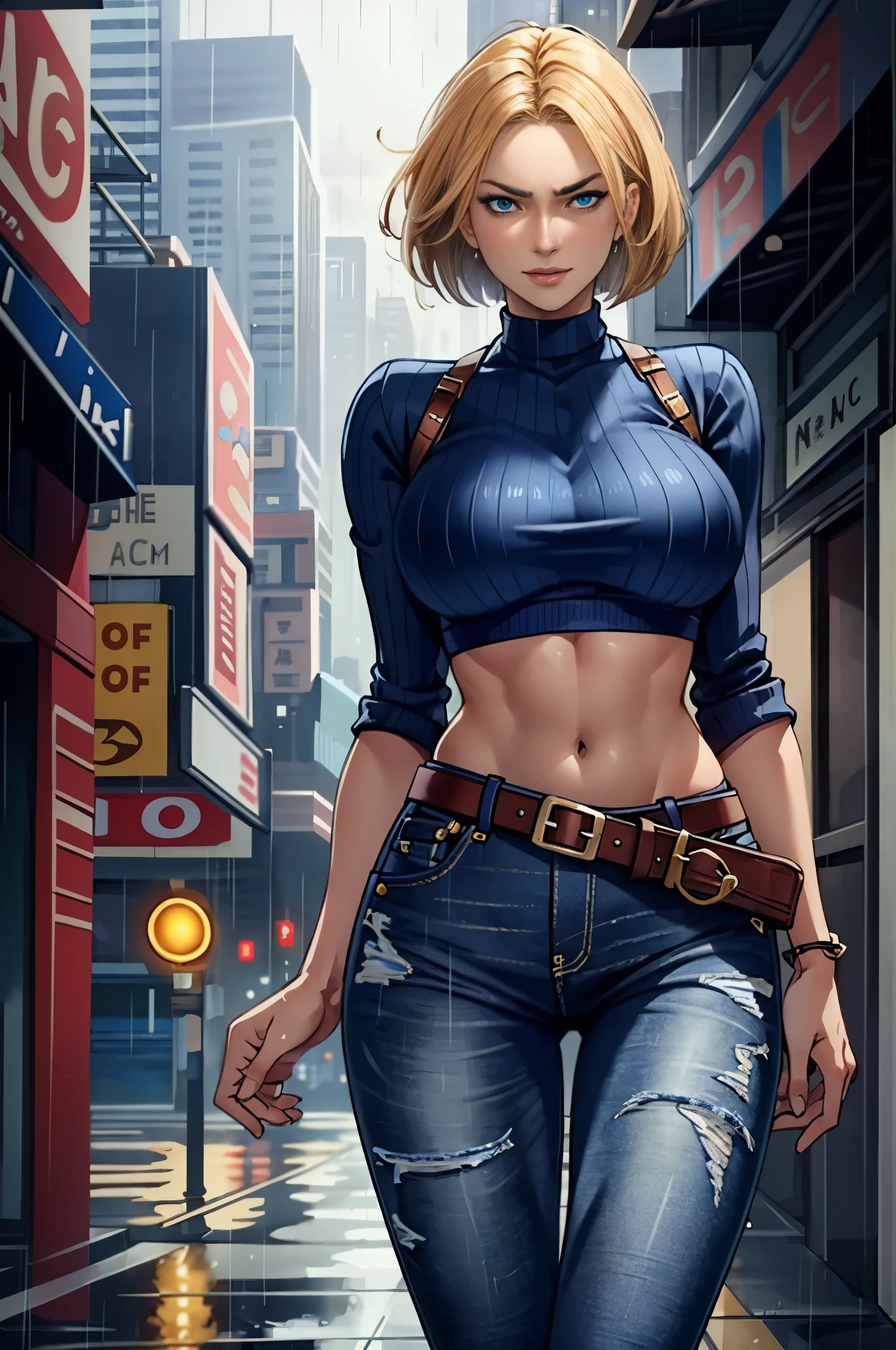 maryms, Best Quality,(beauty), 1girl,phisically-based render ,ultra highres,(cowboy shot:1.5),narrow waist, skinny, LeonaMS , big blue eyes,long legs,jeans,leather belt,big breasts,puffy eyes, leather belt,(rainy city), shiny skin, facing viewer, excited to fight