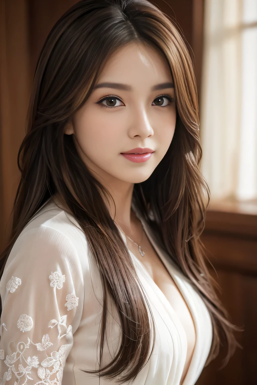 (Raw photo), (Photorealistic), (masterpiece), (highest quality), High resolution, 8k resolution, (Intricate details), (Volumetric Light), Portrait, woman, Age 25,Light brown long hair, layered hair, Brown haired, Highly detailed eyes, Source Order, Very fine eyebrows, Highly detailed skin, Highly detailed mouth, Highly detailed nose, Cute like an idol, Smile, ((Thick lips)), ((Look at the viewers)), (Classy Suit)