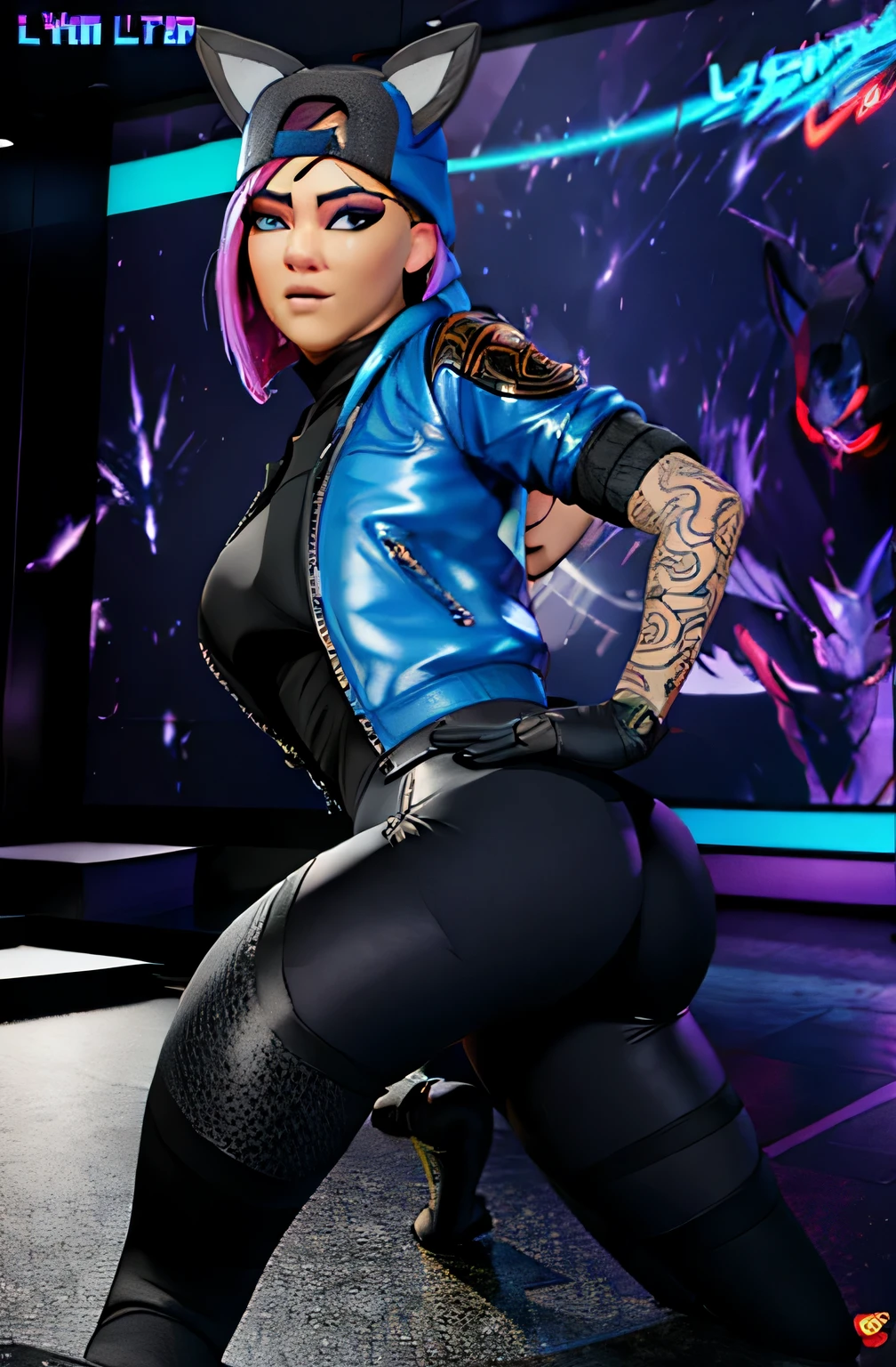 Lynx leggings black blue jacket dynamic pose, rostro detallado ojos hermosos 