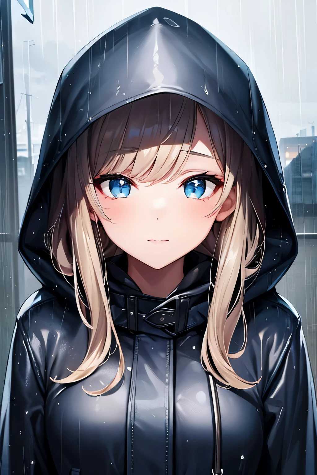 Beautiful girl, cute face, cloudy sky, raining, wet, hood, coat,