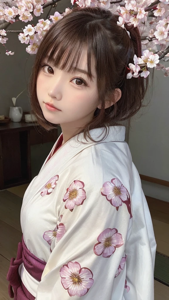 One Girl, (Beautiful girls, Delicate girl:1.3), (21 years old:1.3),
break, (Floral, kimono, kimono, white kimono:1.3),
break, Very fine grain, (Symmetrical eyes:1.3),
break, (cherry blossoms, filled with cherry blossoms, surrounded by cherry blossoms:1.2), perfectly trimmed fingers,
break, Small breasts, Brown eyes, Parted bangs, brown hair, (Upper teeth, The best smile:0.6),
break, (Eye and facial details:1.0),
break, (masterpiece, highest quality, Ultra-detailed, Detailed face, 8K)