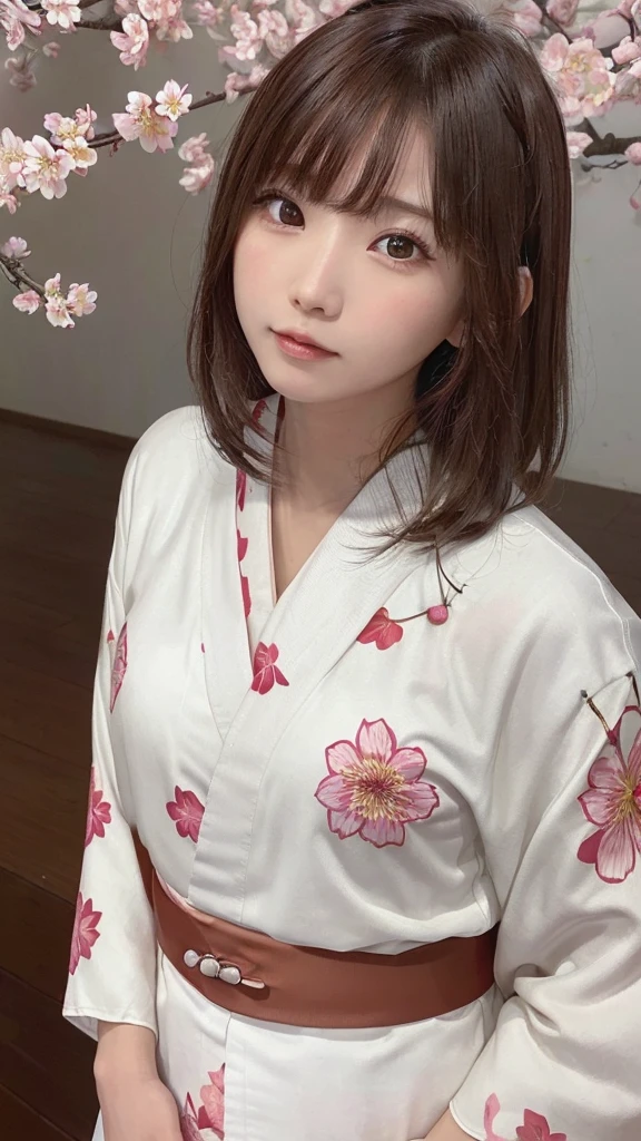 One Girl, (Beautiful girls, Delicate girl:1.3), (21 years old:1.3),
break, (Floral, kimono, kimono, white kimono:1.3),
break, Very fine grain, (Symmetrical eyes:1.3),
break, (cherry blossoms, filled with cherry blossoms, surrounded by cherry blossoms:1.2), perfectly trimmed fingers,
break, Small breasts, Brown eyes, Parted bangs, brown hair, (Upper teeth, The best smile:0.6),
break, (Eye and facial details:1.0),
break, (masterpiece, highest quality, Ultra-detailed, Detailed face, 8K)