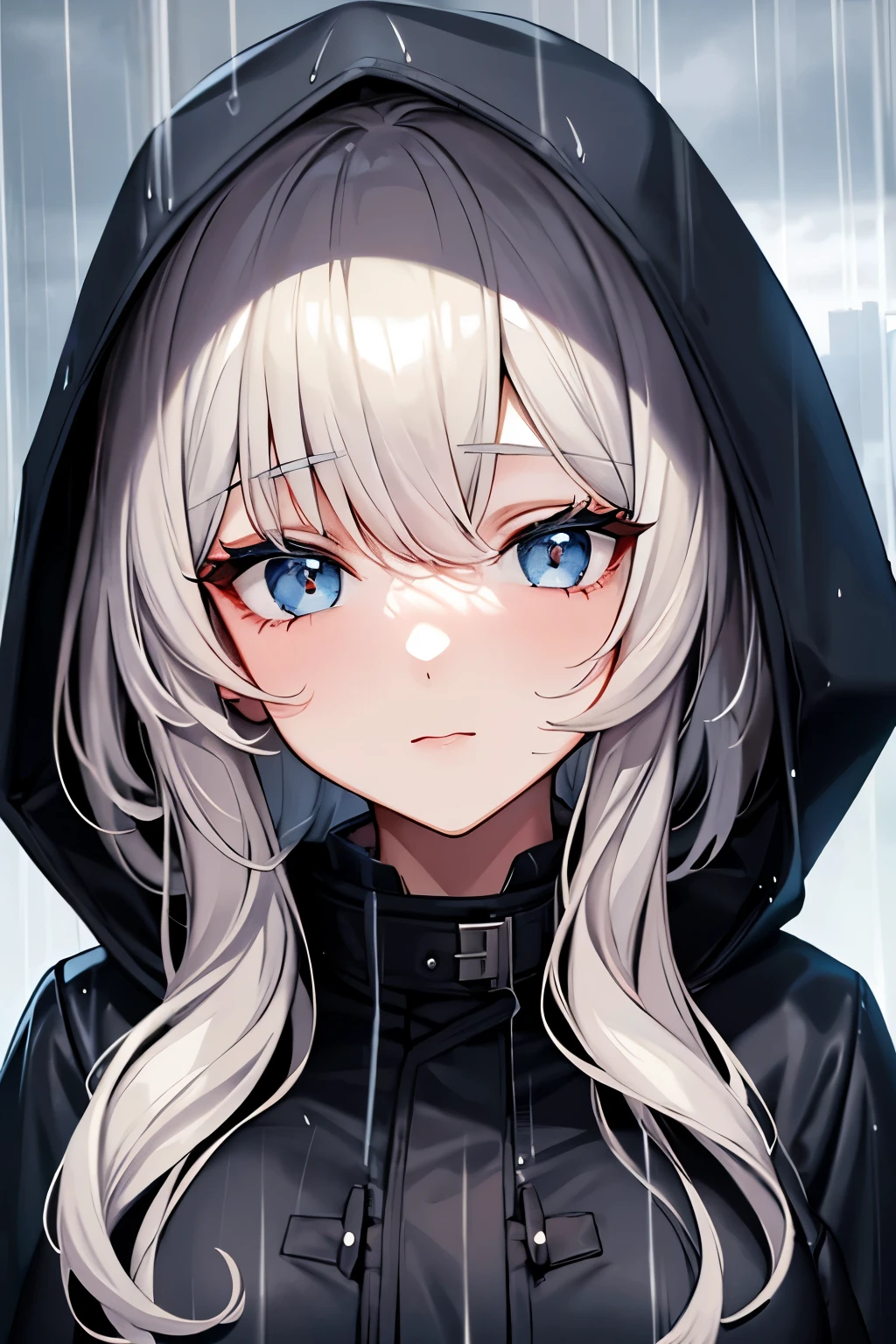 Beautiful girl, cute face, cloudy sky, raining, wet, hood, coat,