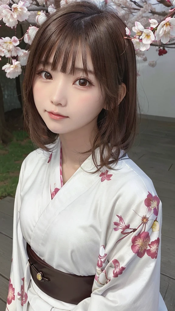 One Girl, (Beautiful girls, Delicate girl:1.3), (21 years old:1.3), break, (Floral, kimono, kimono, white kimono:1.3), break, Very fine grain, (Symmetrical eyes:1.3), break, (cherry blossoms, filled with cherry blossoms, surrounded by cherry blossoms:1.2), perfectly trimmed fingers, break, Small breasts, Brown eyes, Parted bangs, brown hair, (Upper teeth, The best smile:0.6), break, (Eye and facial details:1.0), break, (masterpiece, highest quality, Ultra-detailed, Detailed face, 8K)