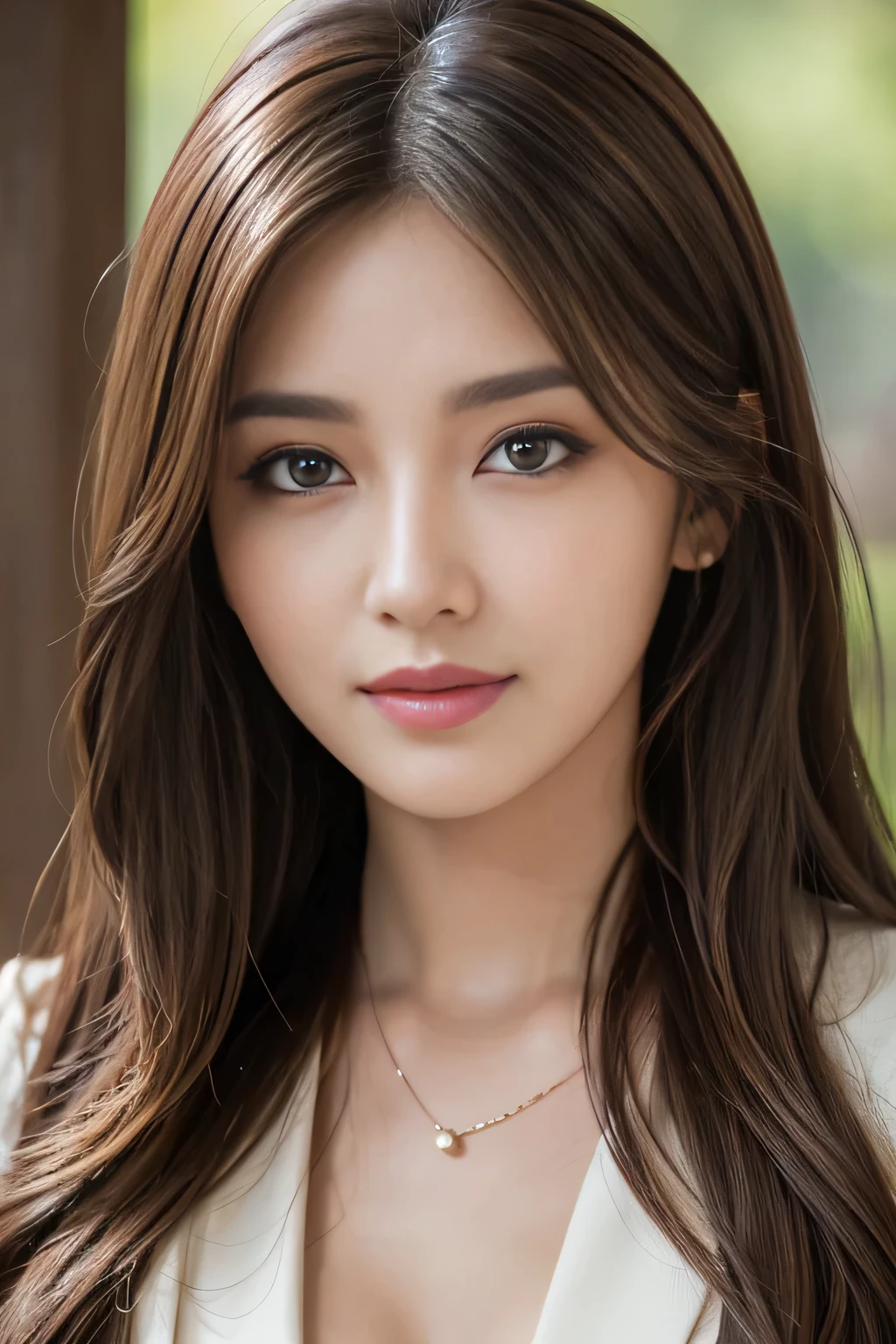 (Raw photo), (Photorealistic), (masterpiece), (highest quality), High resolution, 8k resolution, (Intricate details), (Volumetric Light), Portrait, woman, Age 25,Light brown long hair, layered hair, Brown haired, Highly detailed eyes, Source Order, Very fine eyebrows, Highly detailed skin, Highly detailed mouth, Highly detailed nose, Cute like an idol, Smile, ((Thick lips)), ((Look at the viewers)), (Classy Suit)