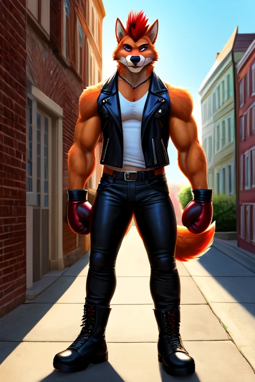 ((best quality)), ((masterpiece)), (detailed), perfect face, Bara Furry, Anthropomorphic wolfdog, 70% Wolf, 25% Tamaskan wolfdog, 5% Dingo, 6'7 and 233 lbs, 50" Chest, 21" Shoulders, 17" Biceps, 36" Waist, 25" thighs, 17" calves, 20" back, orange fur, red fur on tips of his ears, red fur at the end of his tail, red hair, mohawk hairstyle, red eyes, weaing sleeveless black leather biker vest, wearing white T-shirt with sleeveless ripped off, wearing black leather pants, wearing black leather boots, wearing black bandana around forehead, wearing red boxing gloves, metropolitan statistical area, location based on Annapolis, Maryland, dynamic lighting, perfect shading, soft shading, soft colors, vivid colors, pastel colors 