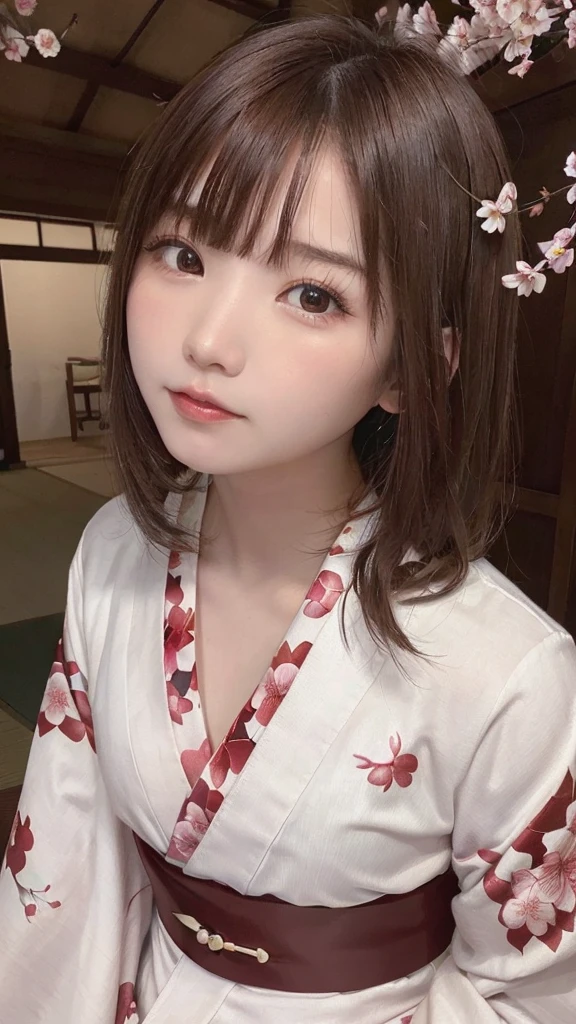 One Girl, (Beautiful girls, Delicate girl:1.3), (21 years old:1.3),
break, (Floral, kimono, kimono, red kimono:1.3),
break, Very fine grain, (Symmetrical eyes:1.3),
break, (cherry blossoms, filled with cherry blossoms, surrounded by cherry blossoms:1.2), perfectly trimmed fingers,
break, Small breasts, Brown eyes, Parted bangs, brown hair, (Upper teeth, The best smile:0.6),
break, (Eye and facial details:1.0),
break, (masterpiece, highest quality, Ultra-detailed, Detailed face, 8K)