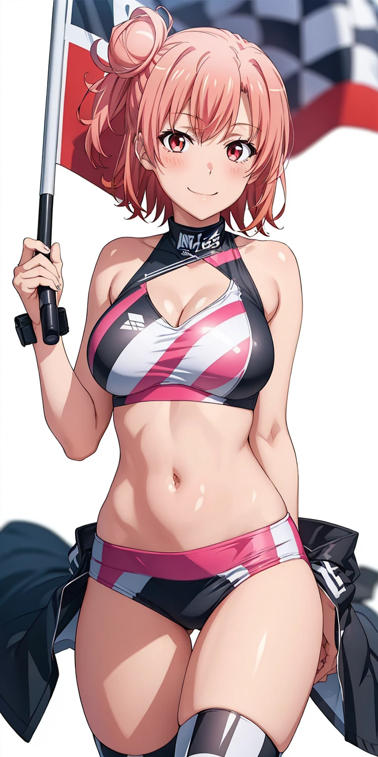 ((masutepiece, Best Quality, hight resolution, nffsw, Perfect Pixel, depth of fields, 4K, )), 1girl in, Solo, , Beautiful anime girl, Beautiful Art Style, close up, Looking at Viewer, Perfect body, Yuigahama Yui, Short hair, single hair bun, pink hair, (large boob), Full face blush, Smile, thighs thighs thighs thighs, race queen, cleavage, belly button, white background, holding checkered flag, cowboy shot, focus