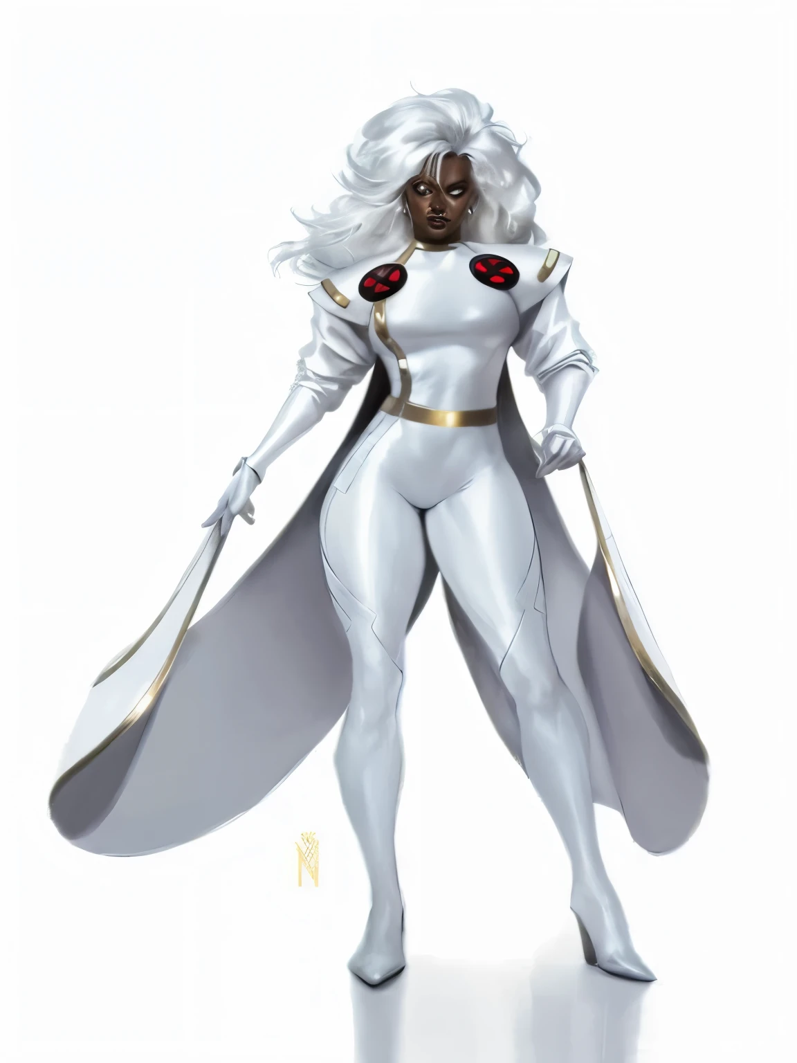 a woman in a white suit and cape standing with her hands on her hips, retrato de ororo munroe, x-men tempestade, Chris Moore. artegerm, cavaleiro da lua feminino, capa branca, manto branco, krenz cushart and artegerm, tempestade!, Armadura branca simplificada, sleek Armadura branca simplificada, Emma Frost