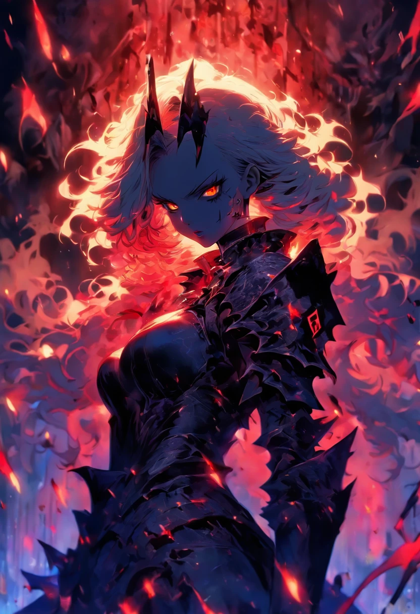 Beautiful knight girl psychopathic ,big breast, Titans breast ,white hair, covered in blood ,Smart lighting, aesthetic, cinematic