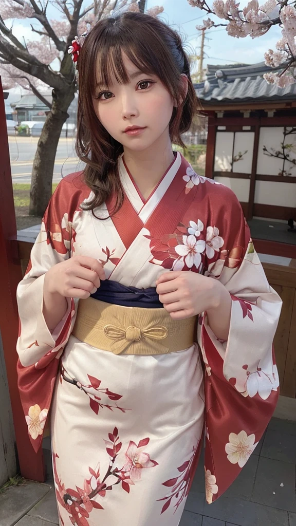 One Girl, (Beautiful girls, Delicate girl:1.3), (21 years old:1.3), break, (Floral, kimono, kimono, red kimono:1.3), break, Very fine grain, (Symmetrical eyes:1.3), break, (cherry blossoms, filled with cherry blossoms, surrounded by cherry blossoms:1.2), perfectly trimmed fingers, break, Small breasts, Brown eyes, Parted bangs, brown hair, (Upper teeth, The best smile:0.6), break, (Eye and facial details:1.0), break, (masterpiece, highest quality, Ultra-detailed, Detailed face, 8K)