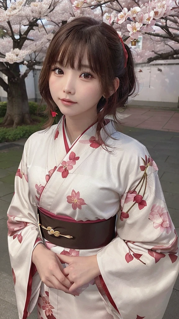 One Girl, (Beautiful girls, Delicate girl:1.3), (21 years old:1.3), break, (Floral, kimono, kimono, red kimono:1.3), break, Very fine grain, (Symmetrical eyes:1.3), break, (cherry blossoms, filled with cherry blossoms, surrounded by cherry blossoms:1.2), perfectly trimmed fingers, break, Small breasts, Brown eyes, Parted bangs, brown hair, (Upper teeth, The best smile:0.6), break, (Eye and facial details:1.0), break, (masterpiece, highest quality, Ultra-detailed, Detailed face, 8K)