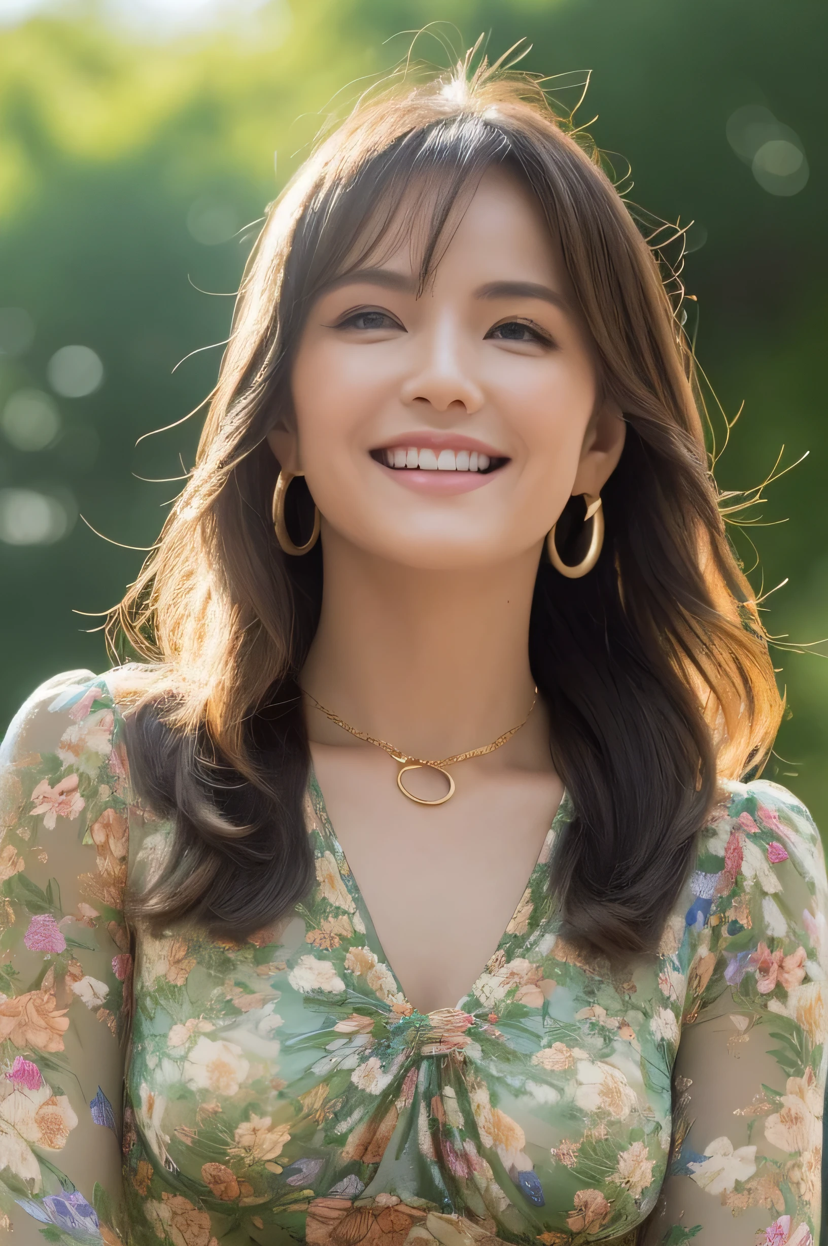 Masseter muscle area, highest quality, masterpiece, High resolution, Photorealistic, Raw photo, 8k wallpaper, perfection, Professional Lighting, Very detailed, Depth of written boundary, ((One beautiful woman)), ((40 years)), Sexy Woman, ((wearing Big floral mini dress :1.3)), ((Look into the viewer's eyes)), Detailed face, Beautiful Eyes, (Sit with good posture), Bans, Shapely small breasts,Extra long brown hair, Faint lips,Soup,((Extra long brown hair:1.2))((Loosely inward wavy hair:1.2)),((Gold Necklace_Large earrings:1.2)),((A shy smile:1.3)),((full figure supermodel standing, entire body in frame))、fullbody shot、((A shy smile:1.3))((sitting with her back to the top of the mountain_with blue sky and white clouds,rays of sunshine:1.2)),((look down at the viewer,from below:1.5)),