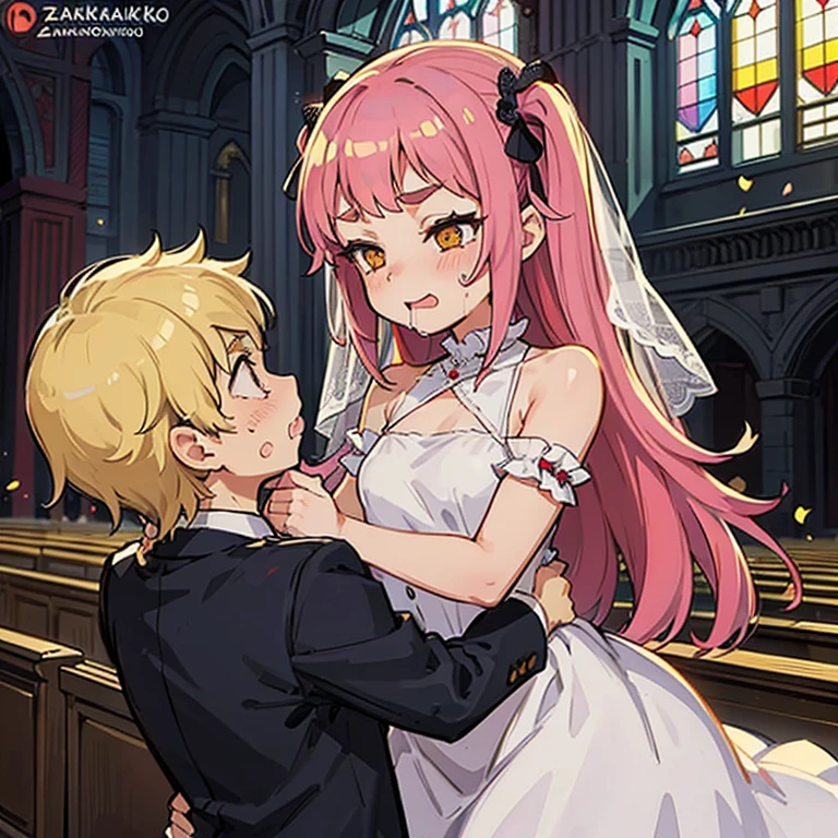 Girl with pink hair, long double-tailed hairstyle (small pink bushy eyebrows), dressed in gothic lolita clothes, lolicon (Zankuro) drawing style by zankuro artist, Zancro style, image uploaded to R34, (in a church full of people), flirtatious smile, suddenly having sex in public, ((flirty smile, drooling)) hands on belly,( begging for sex), wearing a wedding dress