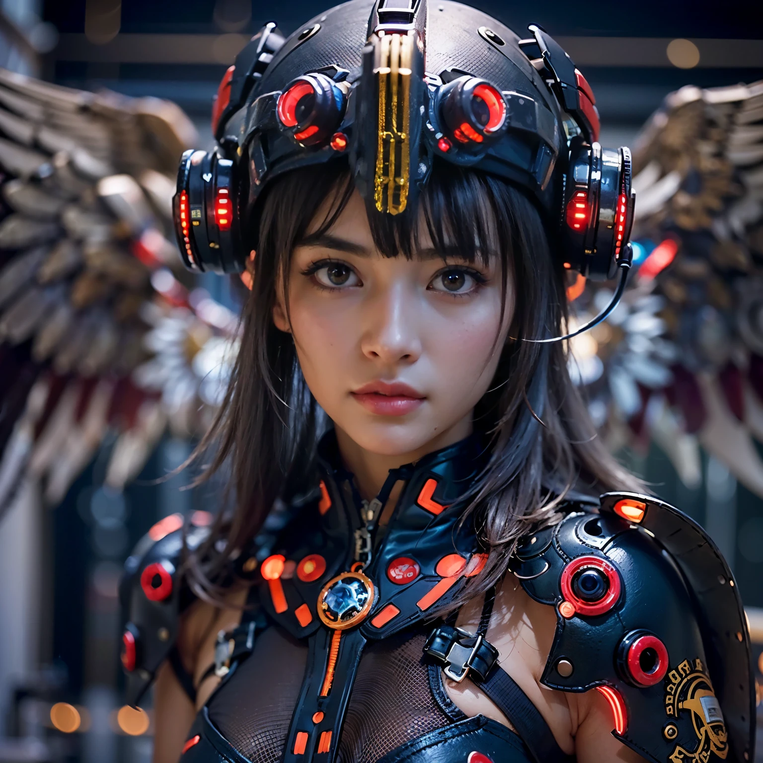 (masterpiece, best quality:1.2), (8k uhd, 16k, 32k, ultra high res), (photorealistic:1.37), (RAW photo), ultimate-realistic, ultimate-realistic details, ultimate-realistic texture, ultimate-intricate details, ultimate-realistic lighting, ultimate-realistic shadow, japanese girl, ultimate-cute face, ultimate-RAW skin, ultimate-realistic eyes, (Steampunk Battle Cyborg fallen angel)、large wings made of metal、black porcelain body、red hair、glowy skin、1 Cyborg girl、(mechanical frame:1.3)japanese, extremely cute face, ((super realistic details))、portrait、globalillumination、Shadow、octan render、8K、ultrasharp、character edge light、Details of complex ornaments、Acrylic Clear Cover、Sumerian details、Hydraulic cylinder、Small LED lamp、highly intricate detail、Realistic light、a purple eye、radiant eyes、Facing the camera、neon details、cowboy shot、Futuristic headgear、About Cyberpunk