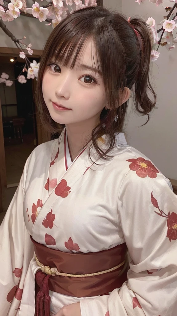 One Girl, (Beautiful girls, Delicate girl:1.3), (21 years old:1.3),
break, (Floral, kimono, kimono, orenge kimono:1.3),
break, Very fine grain, (Symmetrical eyes:1.3),
break, (cherry blossoms, filled with cherry blossoms, surrounded by cherry blossoms:1.2), perfectly trimmed fingers,
break, Small breasts, Brown eyes, Parted bangs, brown hair, (Upper teeth, The best smile:0.6),
break, (Eye and facial details:1.0),
break, (masterpiece, highest quality, Ultra-detailed, Detailed face, 8K)