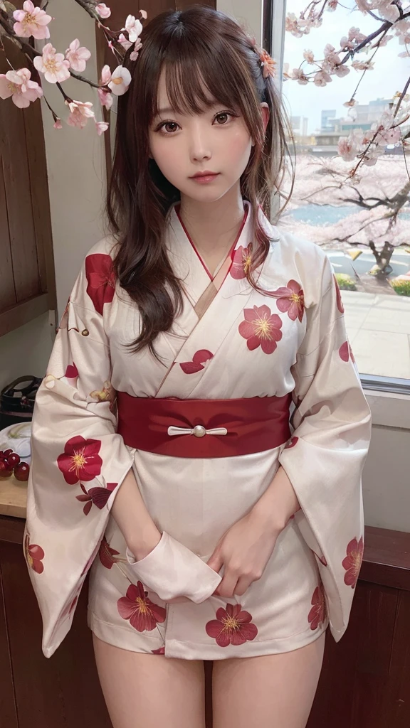 One Girl, (Beautiful girls, Delicate girl:1.3), (21 years old:1.3),
break, (Floral, kimono, kimono, red kimono:1.3),
break, Very fine grain, (Symmetrical eyes:1.3),
break, (cherry blossoms, filled with cherry blossoms, surrounded by cherry blossoms:1.2), perfectly trimmed fingers,
break, Small breasts, Brown eyes, Parted bangs, brown hair, (Upper teeth, The best smile:0.6),
break, (Eye and facial details:1.0),
break, (masterpiece, highest quality, Ultra-detailed, Detailed face, 8K)