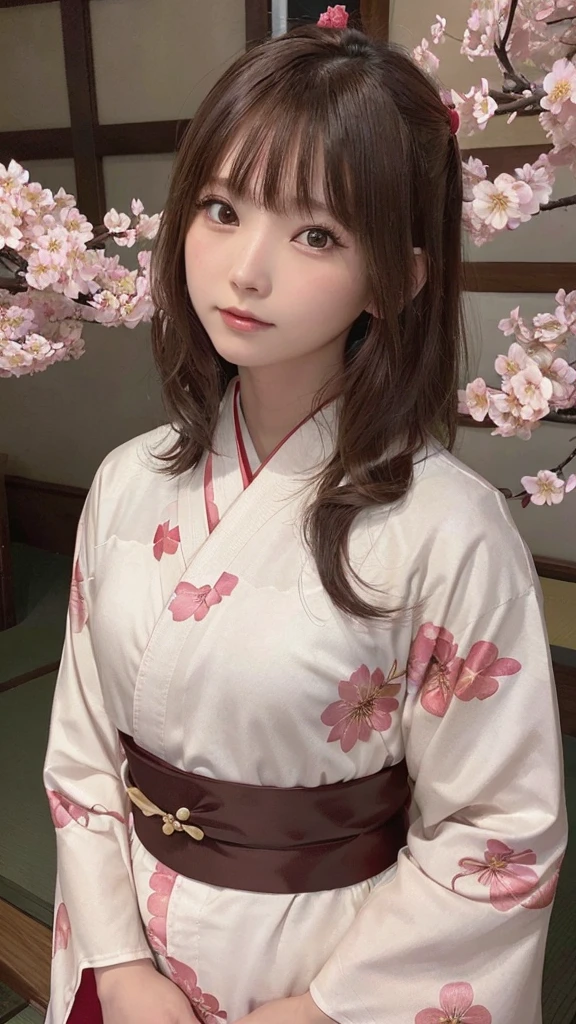 One Girl, (Beautiful girls, Delicate girl:1.3), (21 years old:1.3),
break, (Floral, kimono, kimono, red kimono:1.3),
break, Very fine grain, (Symmetrical eyes:1.3),
break, (cherry blossoms, filled with cherry blossoms, surrounded by cherry blossoms:1.2), perfectly trimmed fingers,
break, Small breasts, Brown eyes, Parted bangs, brown hair, (Upper teeth, The best smile:0.6),
break, (Eye and facial details:1.0),
break, (masterpiece, highest quality, Ultra-detailed, Detailed face, 8K)